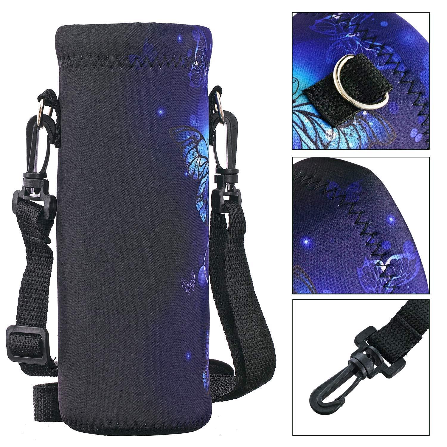 RICHEN RICHEN Neoprene Water Bottle Carrier Bag with Adjustable Shoulder Strap, Insulated for 750ml/24oz Stainless Steel/Glass/Plastic Bottles (Blue Butterflies, 750ml)