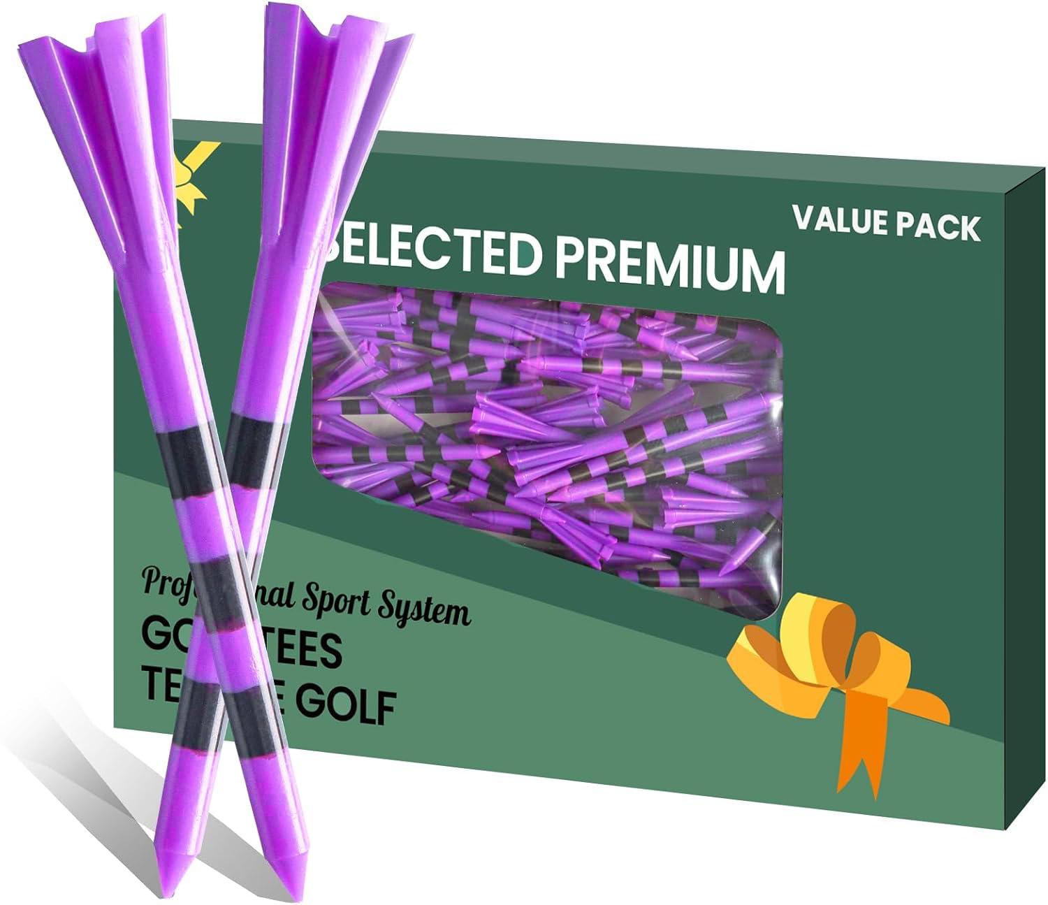 VEASAERS Golf Tees Plastic 3 1/4 2 3/4 inch Unbreakable 20 50 100 Pack, Bulk Long Stronger Upgrade More Durable Stable Reduce Friction Side Spin Tee Pink Pouple Gift for Men Women (20Pcs 3 1/4 inch, Purple)