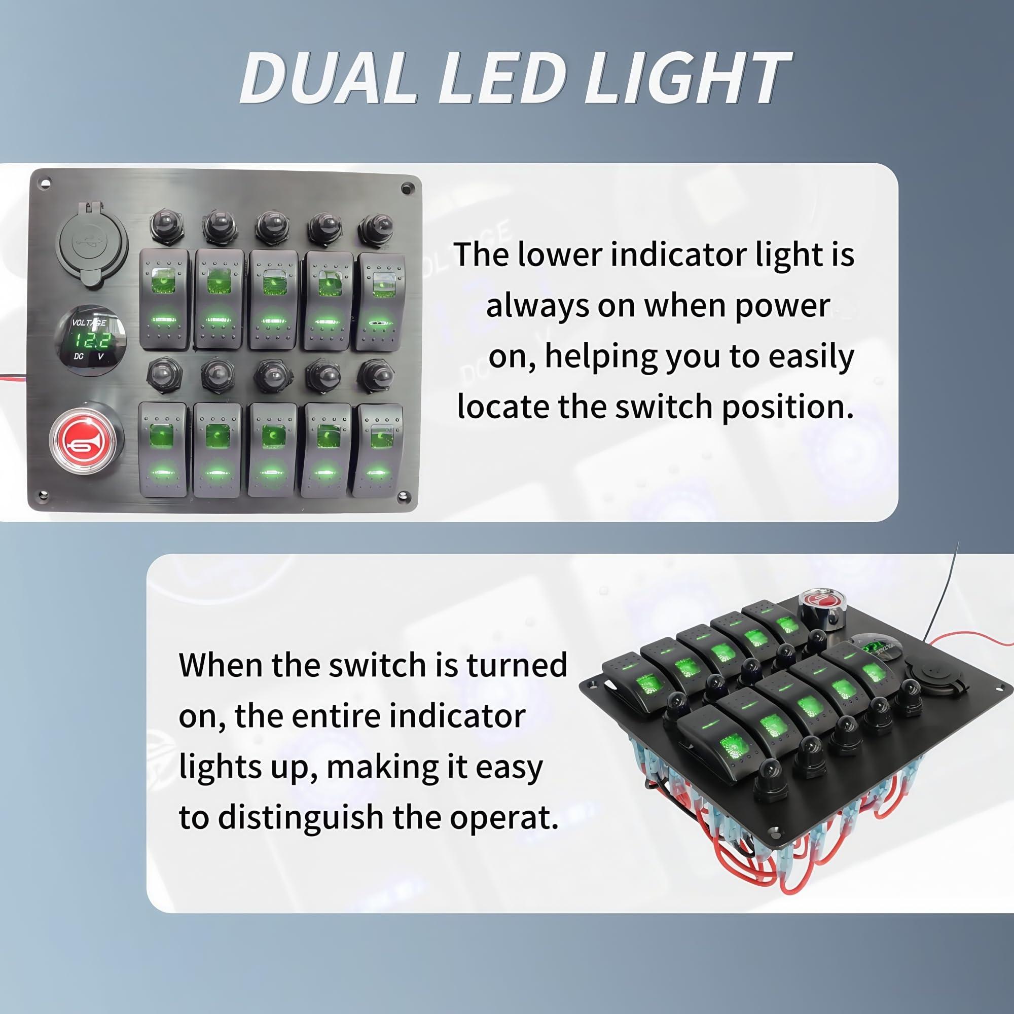 NineFit Basics 10 Gang Marine Rocker Switch Panel with Fuses, LED Voltmeter Dual USB Car Charger Power Socket Boat Horn Button 12V 24V RV Waterproof Switch Panel with Breakers for Truck Automotive (Green)