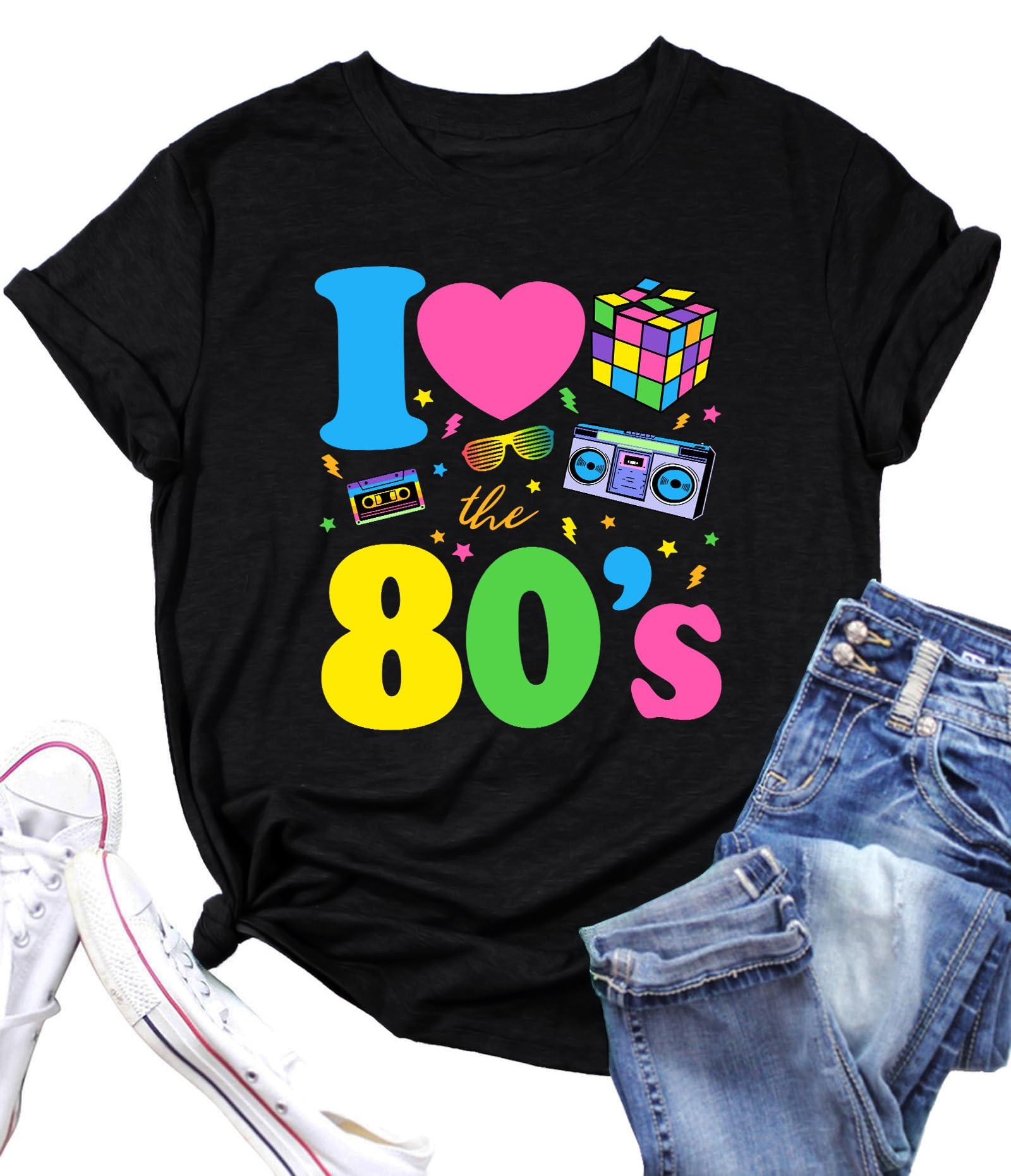 YI XIANG RAN YI XIANG RAN 80s Shirt for Women: I Love The 80's Shirt Vintage 80s Shirts Casual Retro 80s Outfits Fashion 80s Nostalgia Tees Tops(Black, XX-Large)