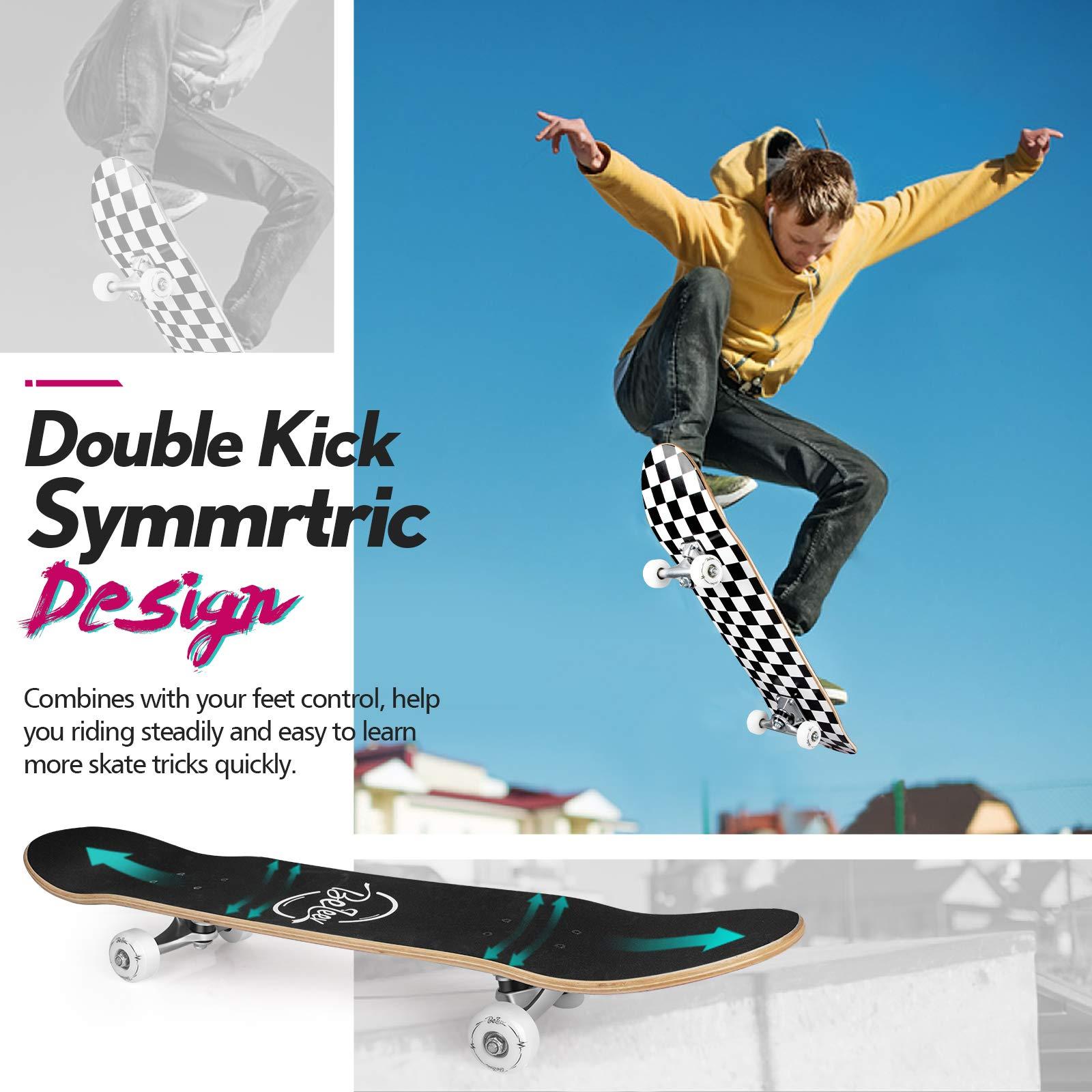 BELEEV BELEEV Skateboards for Beginners, 31 Inch Complete Skateboard for Kids Teens Adults, 7 Layer Canadian Maple Double Kick Deck Concave Cruiser Trick Skateboard (Black White)