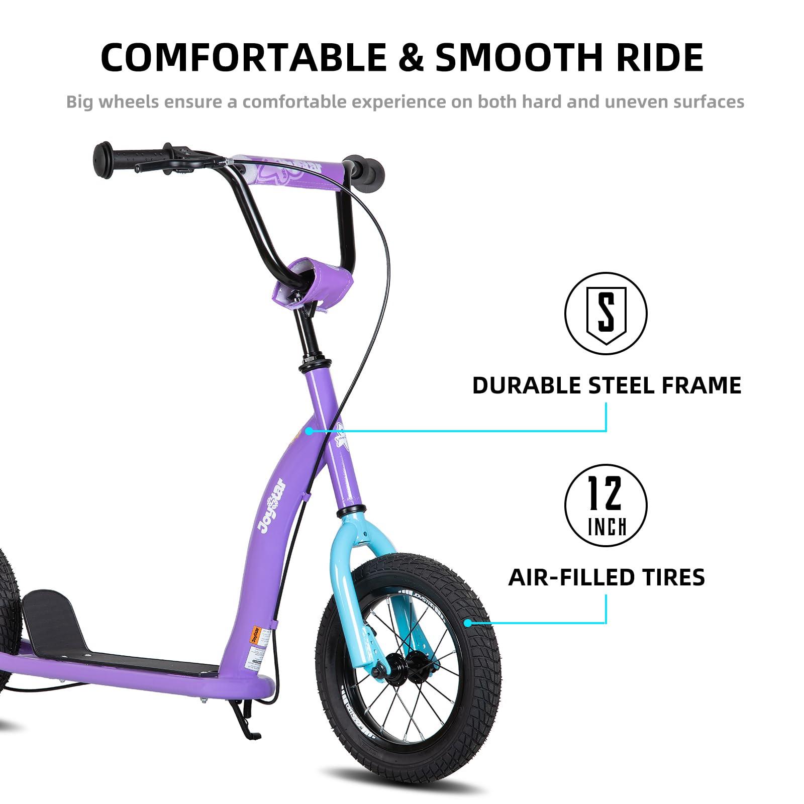 JOYSTAR JOYSTAR Kick Scooter for Kids 5+ Teens & Youth, Lightweight Kids Scooter with Adjustable Handlebar, 2 Wheel Scooter for Boys & Girls, 12" Inflatable Wheels Rear Drum Brakes, Purple