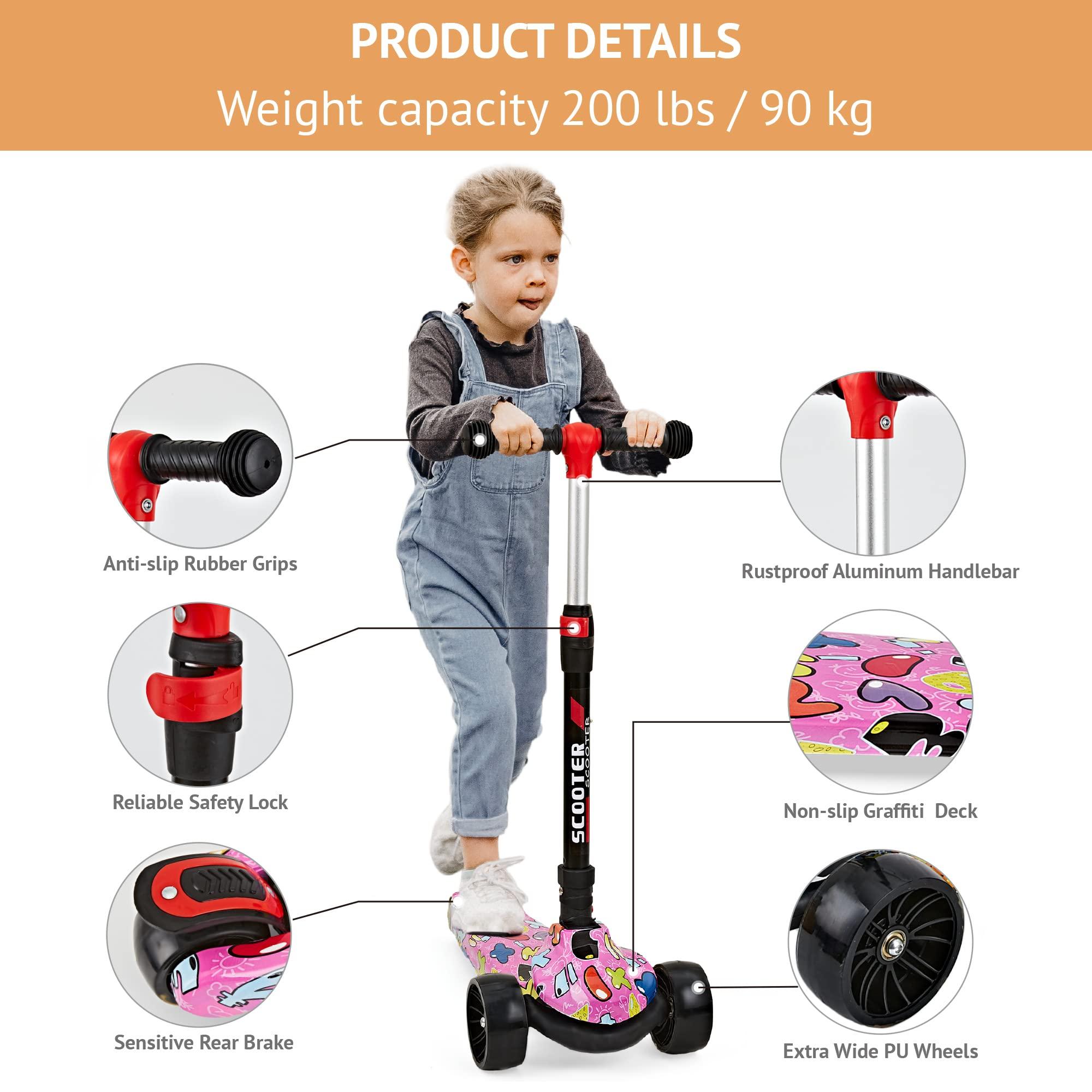 HOOJIN Scooter for Kids Ages 3-12, Foldable & Height Adjustable Kids Scooter with Graffiti Bodywork, Non-Slip Deck and Extra Wide PU Light-up Wheels (200 Lbs Weight Capacity)