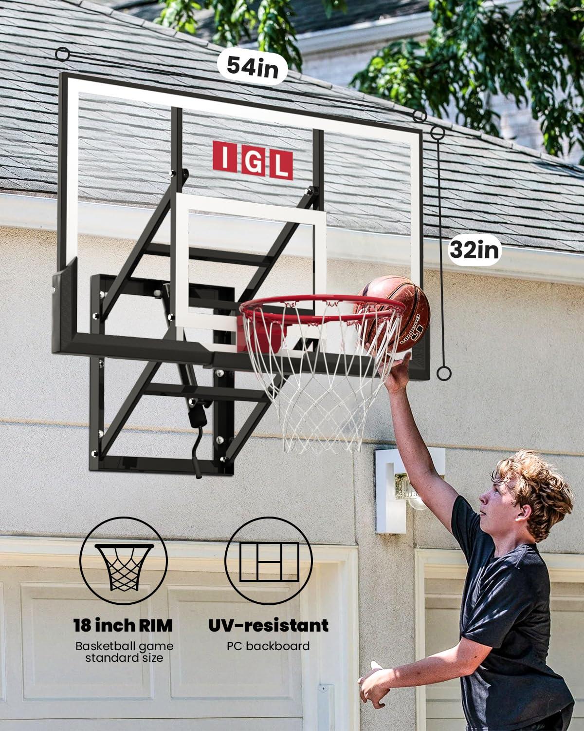 IGL IGL Wall Mount Basketball Hoop, 54in Basketball Hoop Outdoor with Shatterproof Backboard, 7.5ft-10FT Height Adjustable,Heavy Duty Breakaway Rim Combo Fit Most Slanting Roofs