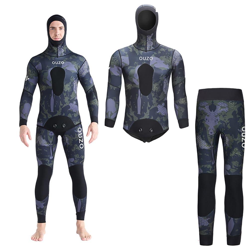 WYYHAA WYYHAA 3.5MM Neoprene Spearfishing Wetsuit with Hooded, 2 Pieces Camouflage Hunting Diving Suit with Loading Chest Pad for Cool Water Freediving Snorkeling Swimming,Green,XXL