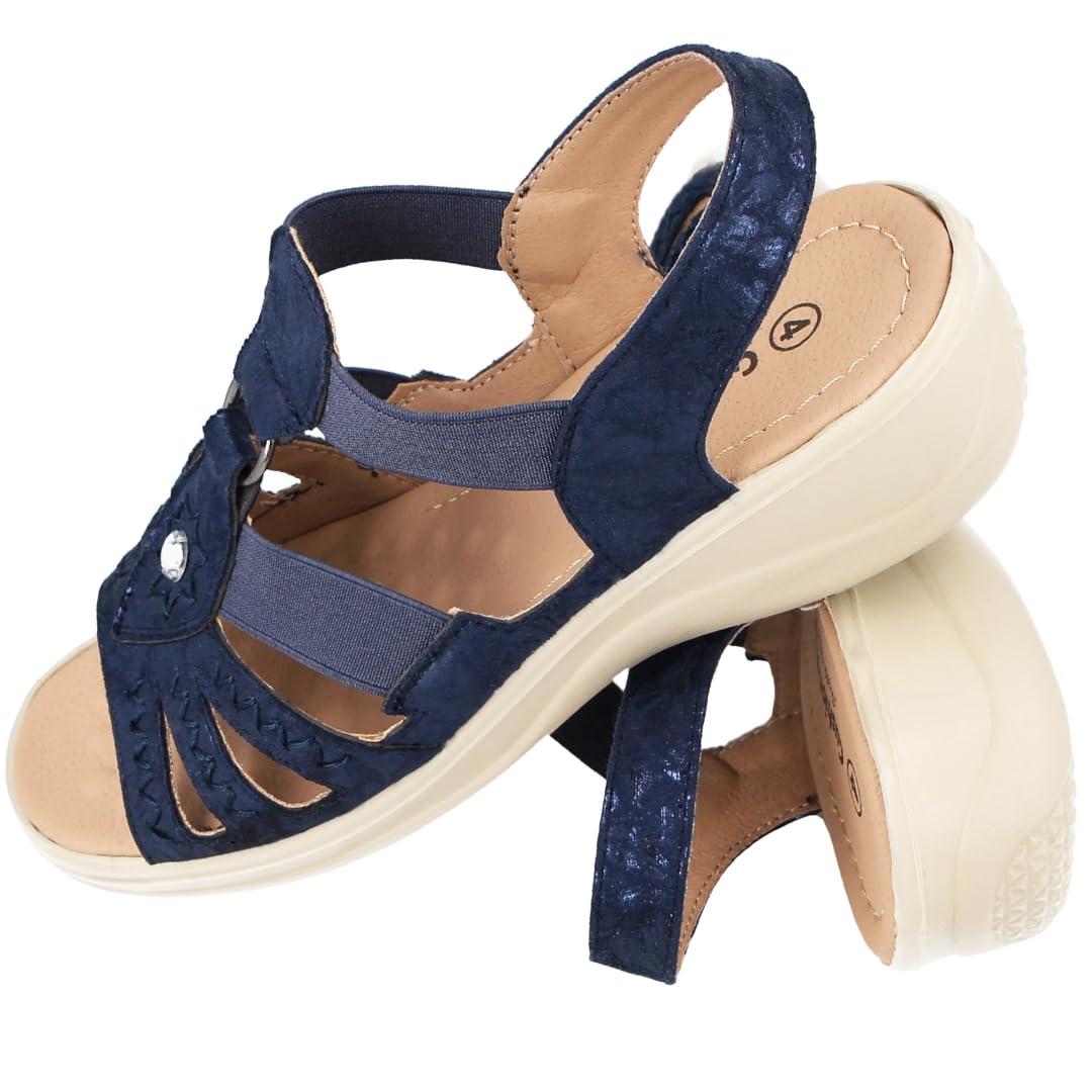 Cushion Walk Cushion Walk Ladies Faux Leather Open Toe T Bar Sling Back Lightweight Elastic Strappy Gladiator Summer Sandals, Metallic Navy, 3 UK, 5