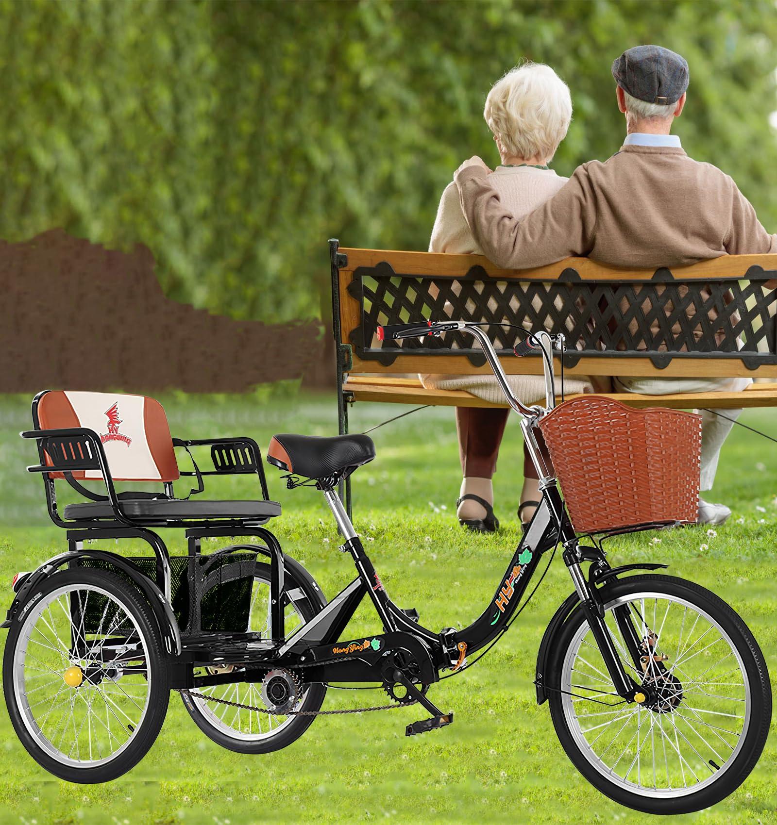 VHCLYBJU VHCLYBJU Adult Tricycle Folding 3 Wheel Bike for Women 20 inch Adult Tricycle with Child seat Trike Large Vegetable Basket Adult Tricycle Bicycle Shock-Absorbing Fork 3 Rounds for Seniors (Black)