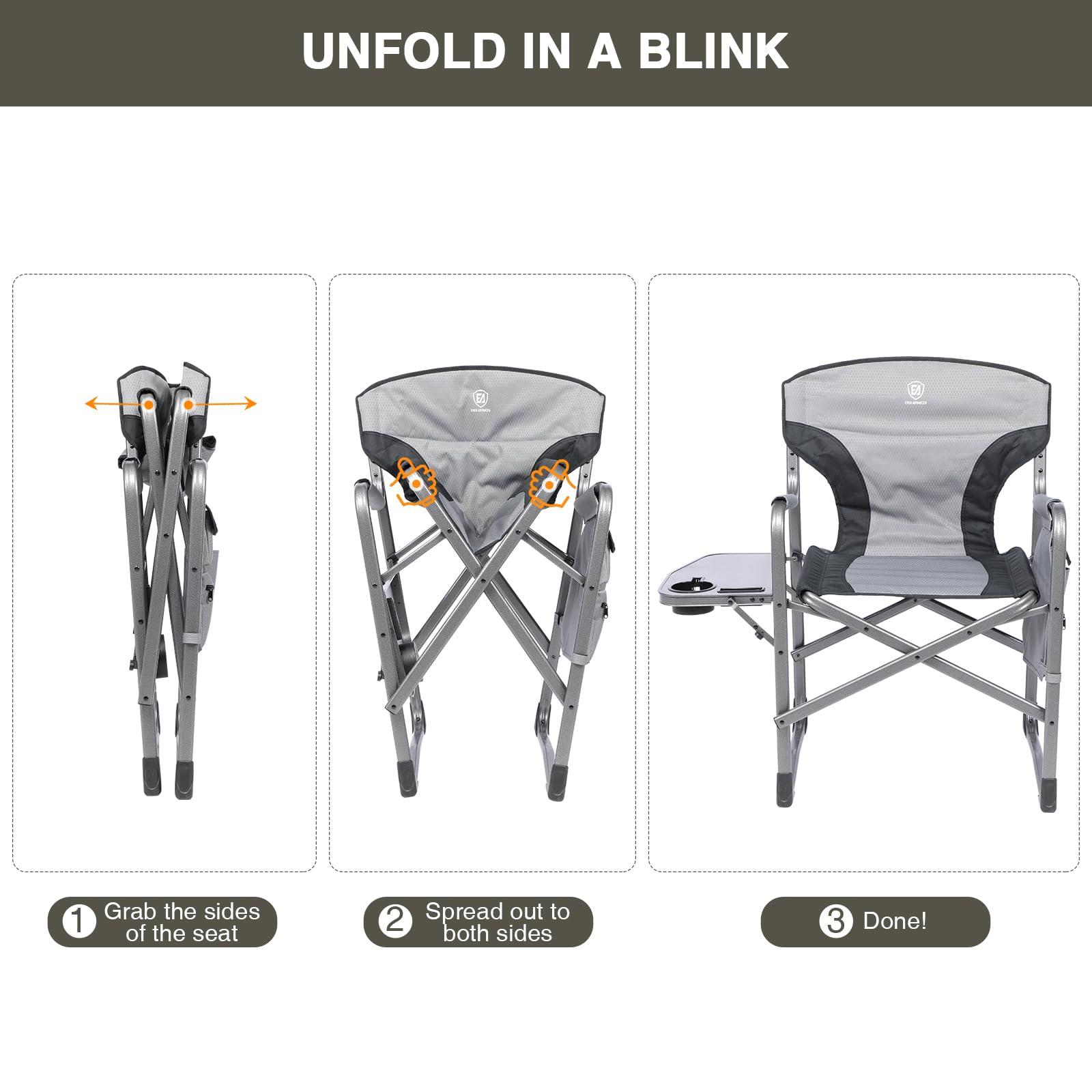 EVER ADVANCED EVER ADVANCED Lightweight Oversized Folding Camping Chairs Outdoor, Aluminum Directors Chair with Side Table and Storage Pouch, Heavy Duty Supports 350LBS (Grey/Black)