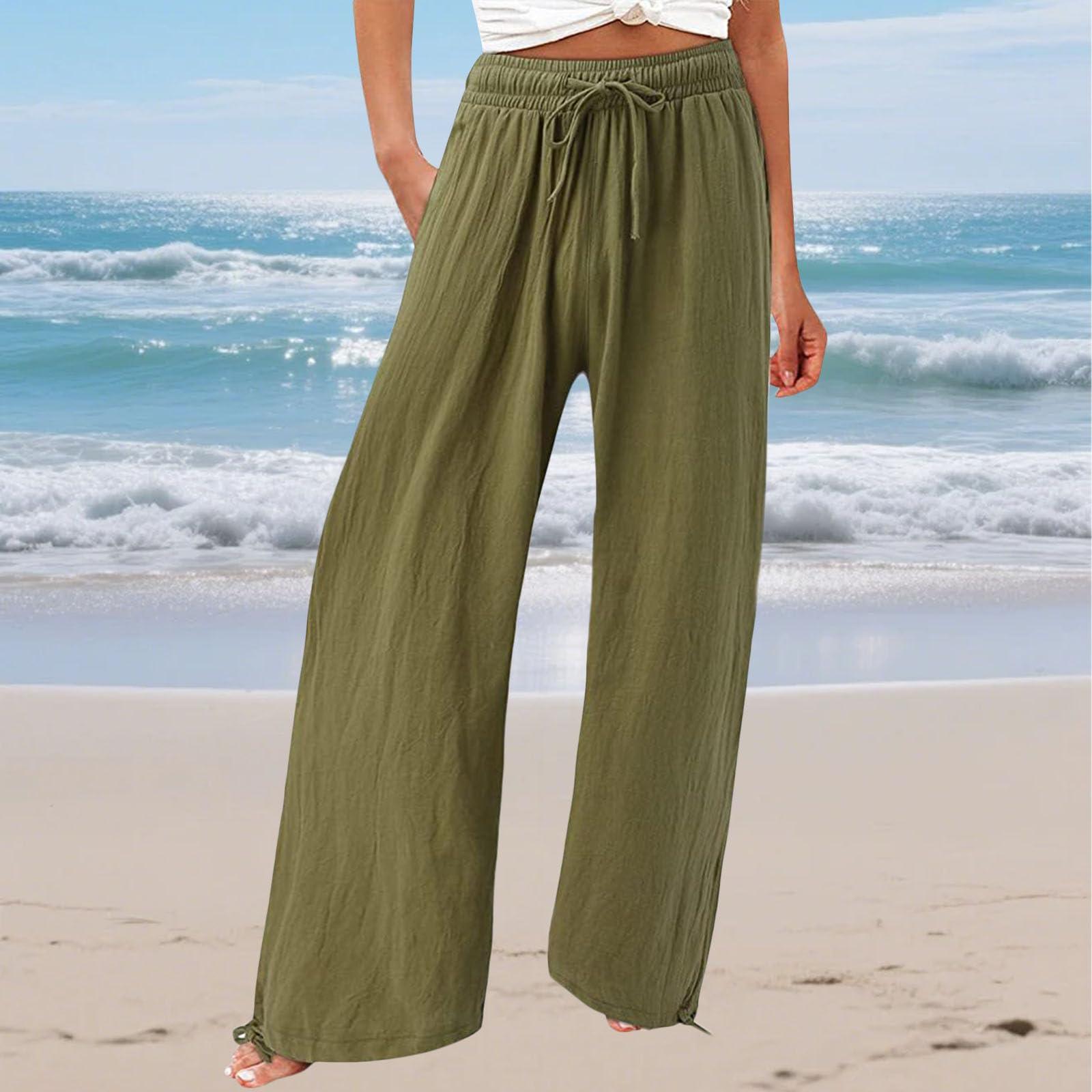 Geleglaer Dark Green Casual Loose Fit Long Pants for Womens Dark Green Plus Size High Waisted Palazzo Pants Dark Green Flowy Wide Leg Linen Pants High Waist Wide Leg Trousers with Drawstring