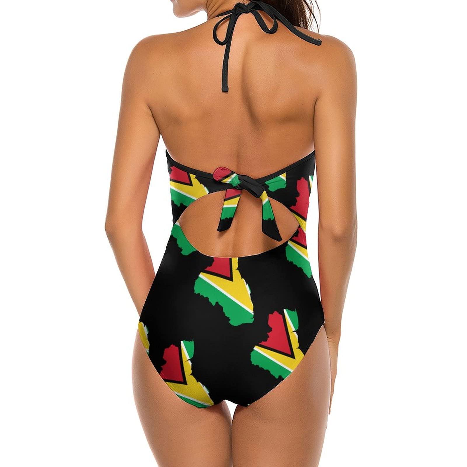 BAIKUTOUAN BAIKUTOUAN Guyana Flag Map Swimsuit Women V Neck Halter Tummy Control Bathing Suits Swimwear M