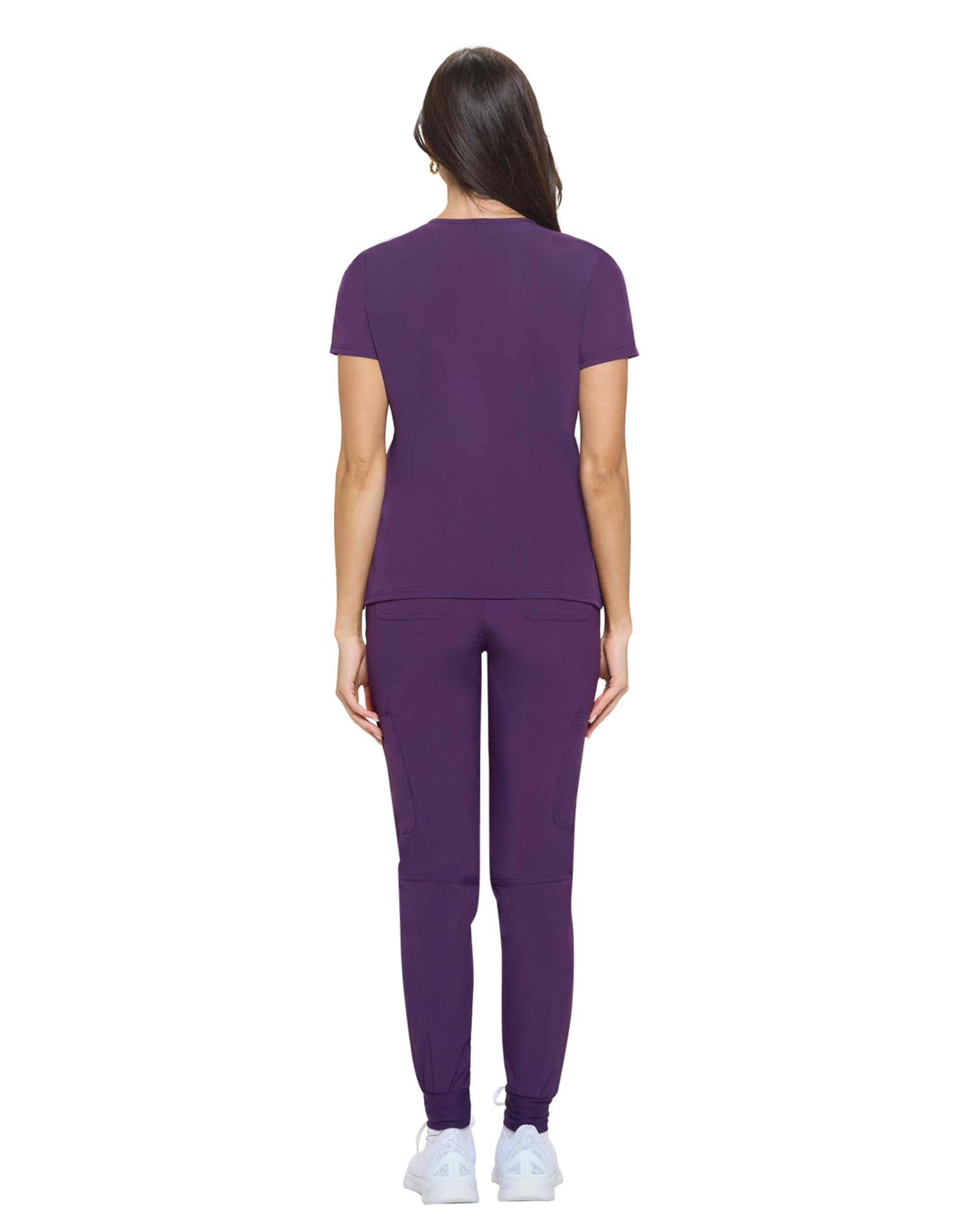 M&M SCRUBS M&M SCRUBS Women's Essential Jogger Scrub Set With Petite Sizes Only Nursing Uniform Clearance Cool Stretch Scrub Top and Pant Workwear (Eggplant, XX-Large-Petite)