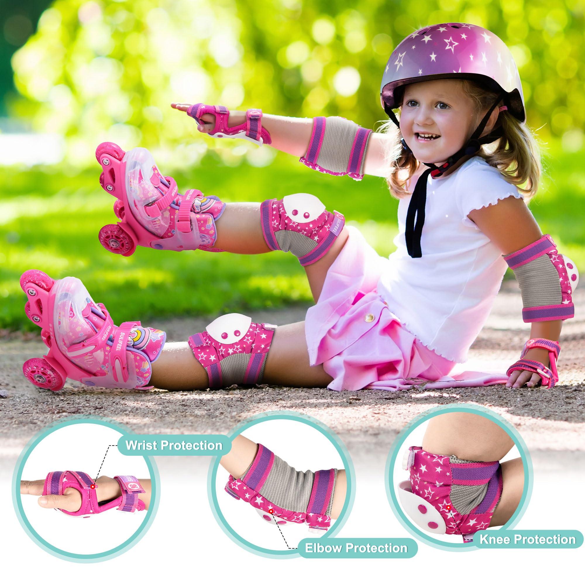 SULIFEEL SULIFEEL Rainbow Unicorn Knee Pads for Kids Knee Elbow Pads Wrist Guards with Drawstring Bag Adjustable Protective Gear Set for Girls Roller Skating Bike Cycling Skateboard Scooter Rose Red Small