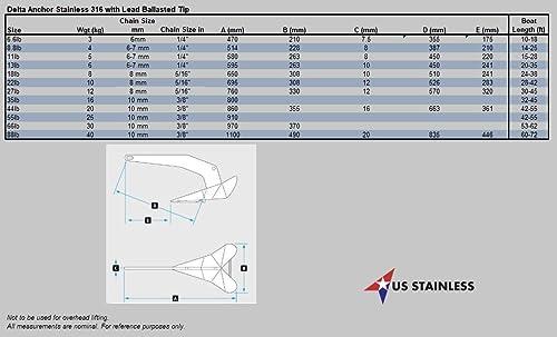 US Stainless US Stainless Stainless Steel 316 Delta Anchor 6.6lbs (3kg) Marine Grade Polished Boat Anchor with 5/16\" (8mm) Bow Shackle