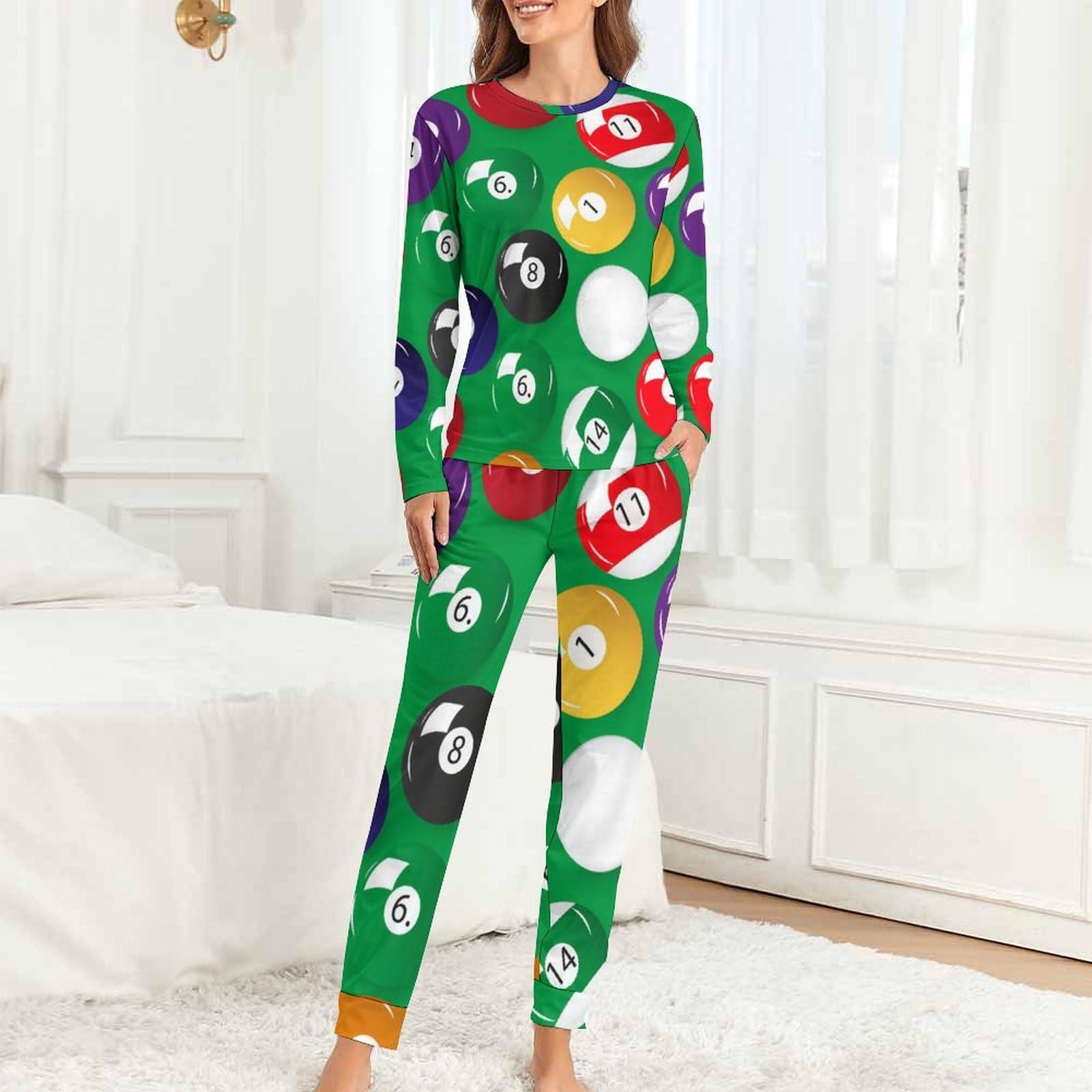 RIVNGJDE5 Billiards Pool Table Balls Comfortable Fit Pajamas for Women Set Crew Neck Breathable Lounge Sets with Pockets S