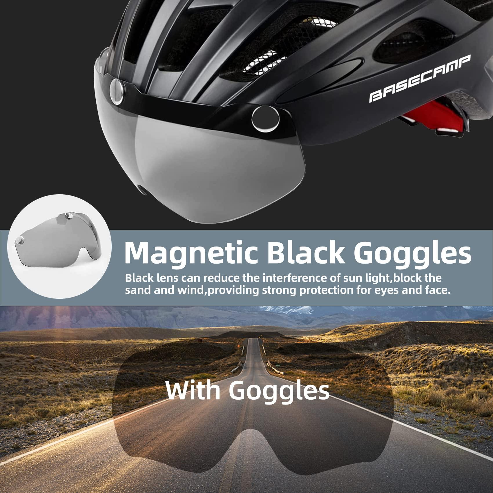 Basecamp Bike Helmet, Basecamp Bicycle Helmet with Rear Light & Detachable Magnetic Goggles Lightweight Cycling Helmet Adjustable for Adult Men Women Mountain & Road (BC-069)