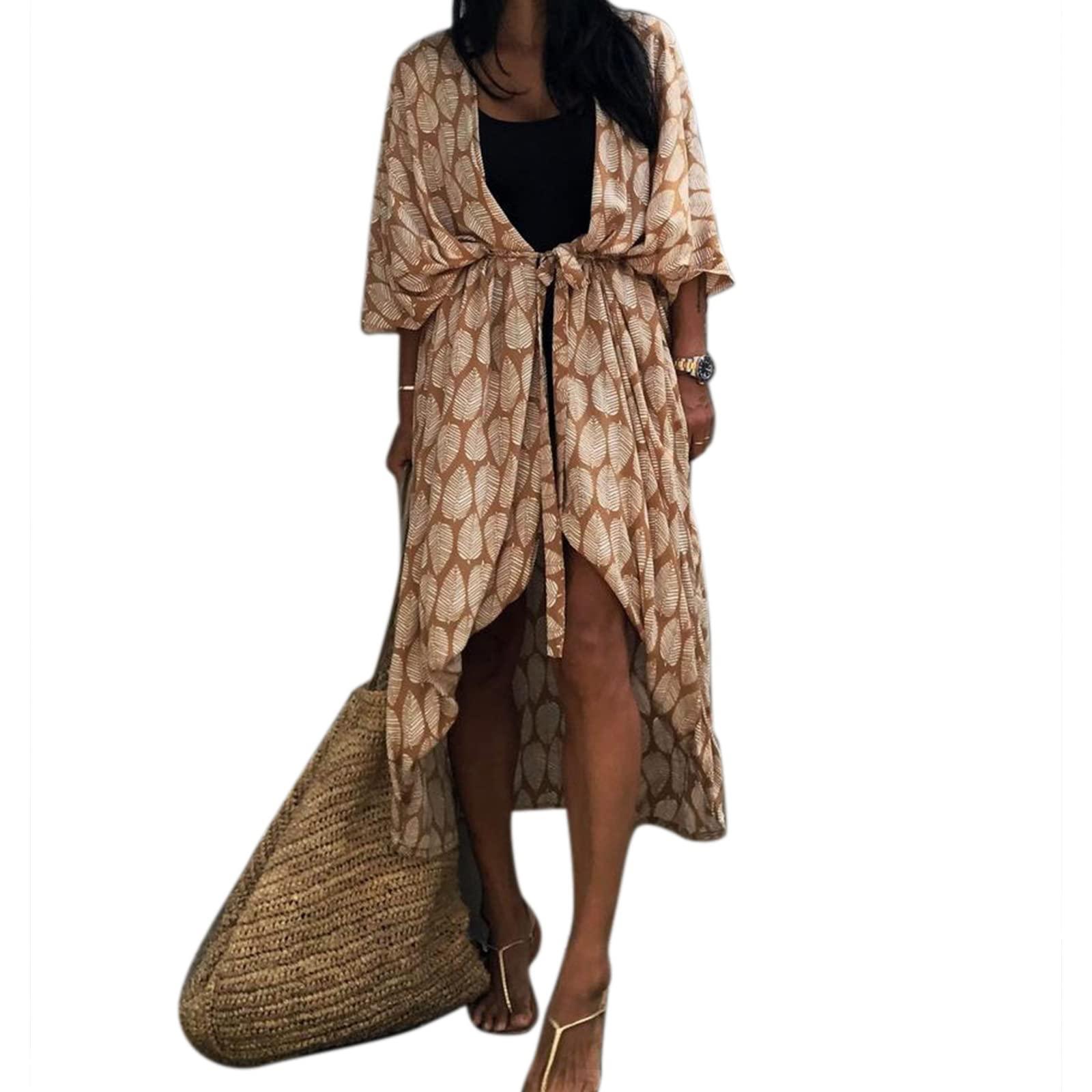 ZHENZQ ZHENZQ Women Swimsuit Printed Cover With Sleeve Long Gown Beach Dress Robe Beachwear Shawl Long Cover-ups Vacation