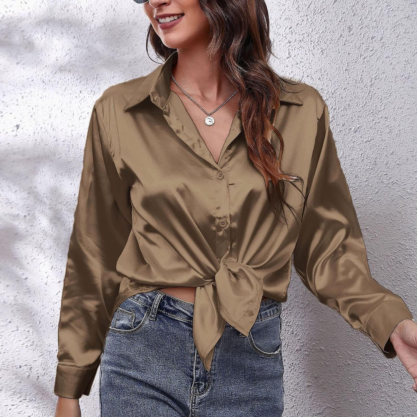 NineFit Basics Spring Satin Button Down Shirts for Women Casual Loose Long Sleeve Silky Blouses Work Office Tees Blouses and Tops