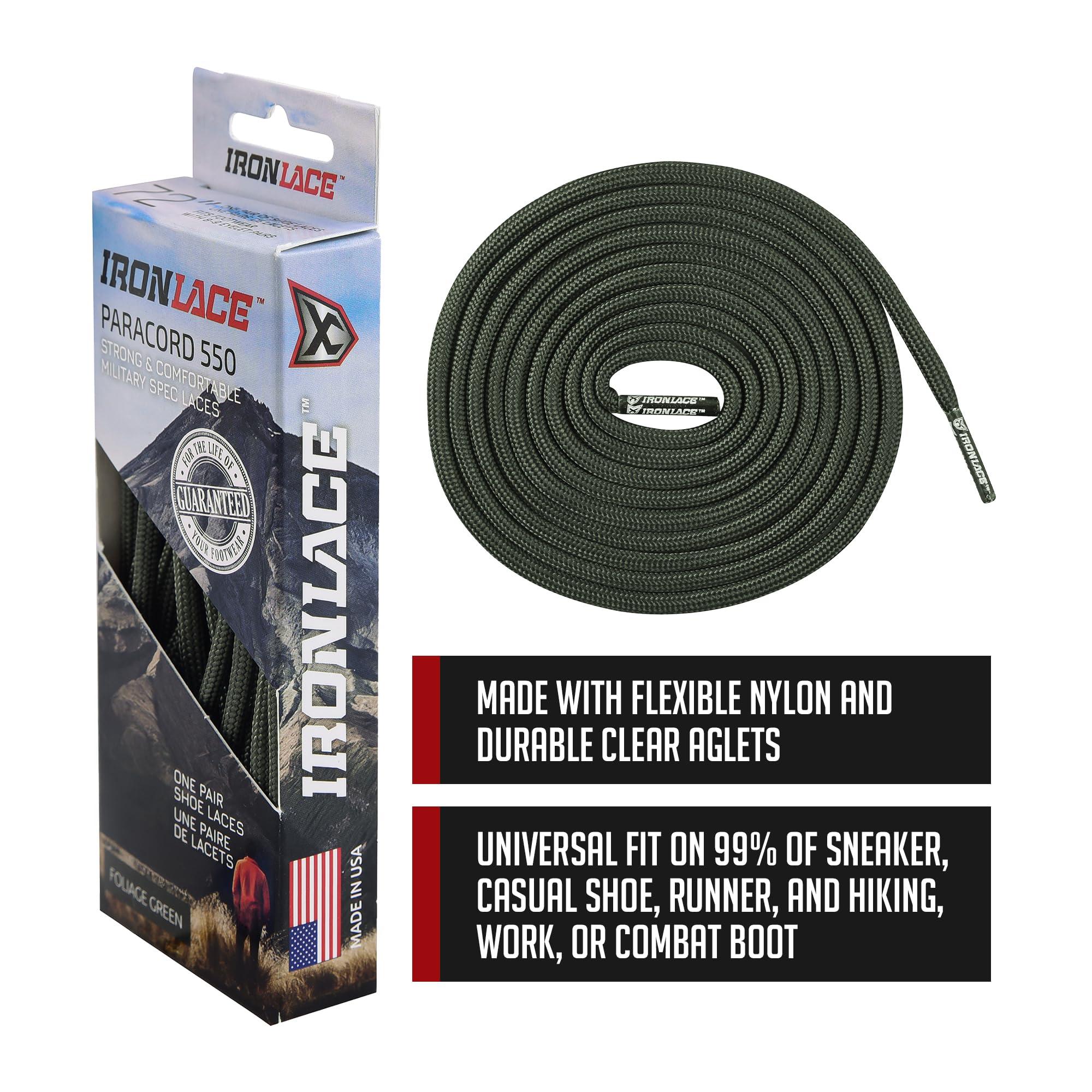 IRONLACE IRONLACE - Paracord 550 Laces Type III, Heavy-Duty, Universal Boot & Shoe Laces, Stretchable Nylon, 550-Pound Breaking Strength, Foliage Green, 9/64 Inch (3.5mm) Tip Diameter, 63-Inch, 1-Pair