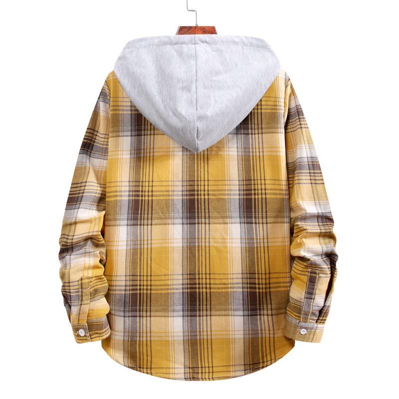 NineFit Basics Men Long Sleeve Quilted Lined Flannel Shirt Jacket with Hood Button-Down Flannel Plaid Shirt Hoodie Lightweight Jacket(Yellow,L)