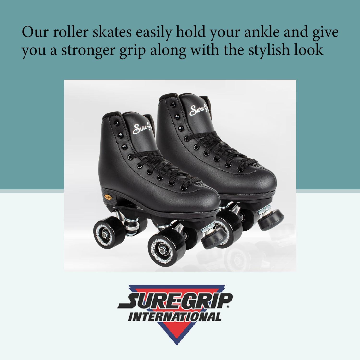 Sure-Grip Sure Grip Fame Men & Women Premium Roller Skates Black Leatherette | Stylish Skates for Indoors - Double Structure, Stronger Grip, Extra Long Laces - Suitable for Beginners