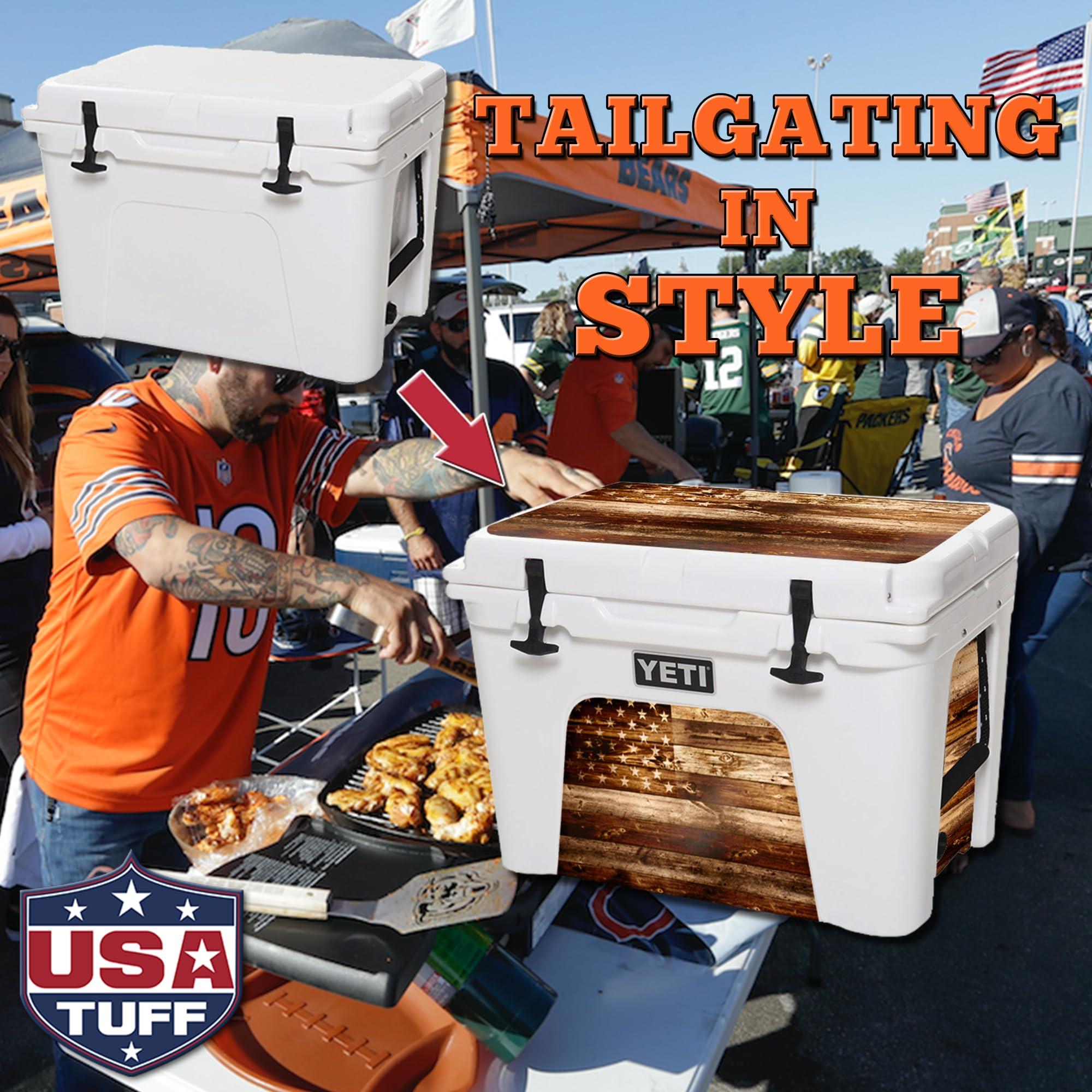 USATuff USATuff Vinyl Cooler Lid & Insert Kit Compatible with YETI 35 qt Tundra | Easy Peel & Stick Application Cooler Skin Decal Wrap | Durable Pre-Cut Pieces | Made for Outdoor Use - USA Flag Woodgrain
