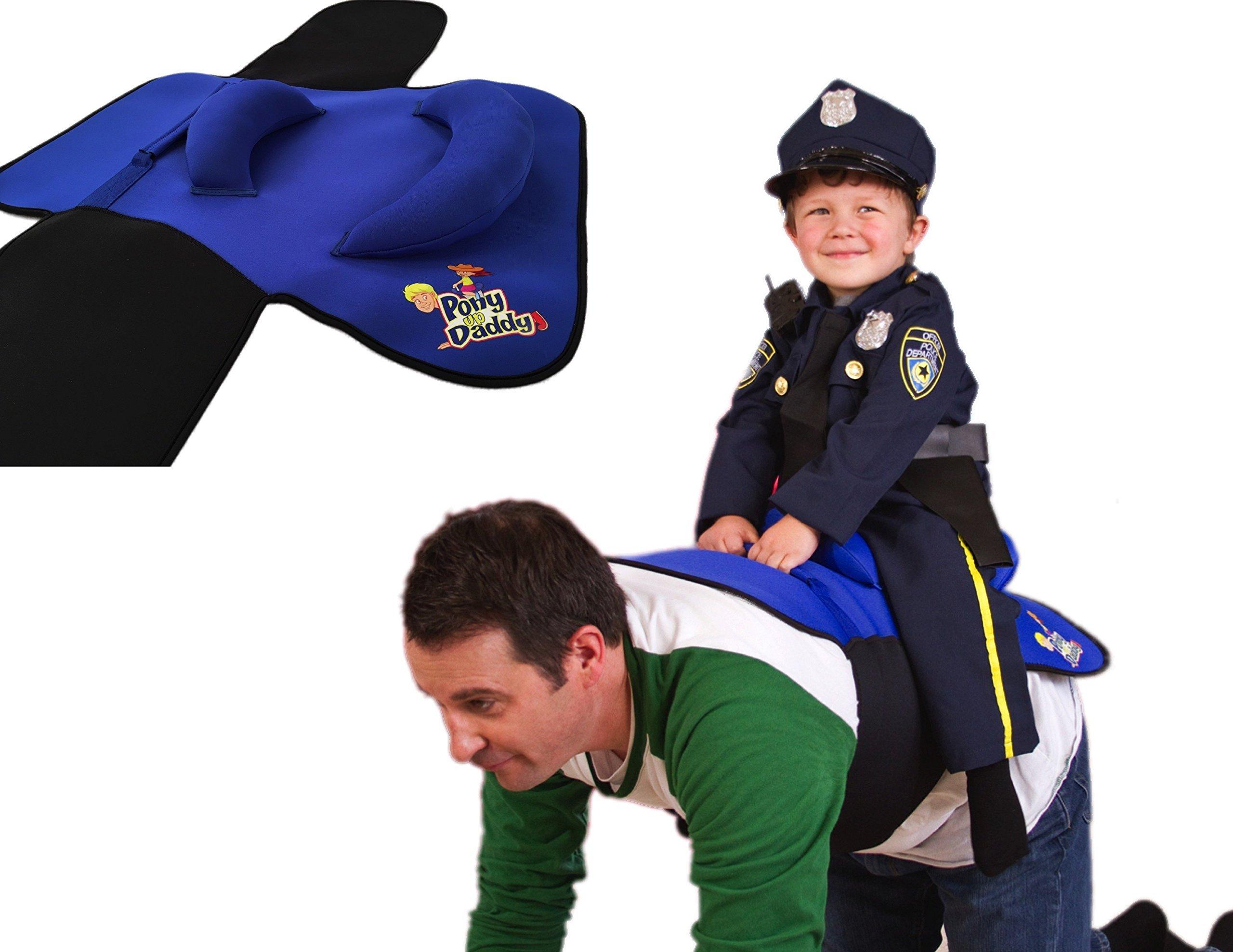 Pony Up Daddy Pony Up Daddy - Neoprene Parent Saddle with Easy Close Strap - Features Padded Seat and Grab Handle for Safe and Comfortable Play Pony Rides - Fits Up to 50\" Chest Size - Sheriff Blue