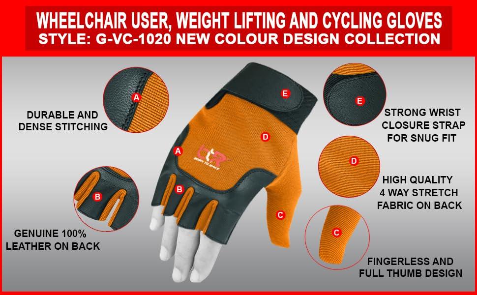 BTR BORN TO RACE BTR BORN TO RACE Wheelchair User Gloves Mobility Disability Fingerless Long Thumb Leather Palm for Men and Women Workout Weight Lifting, Cycling, Driving Gloves New Camo Design Unisex (L, Orange)
