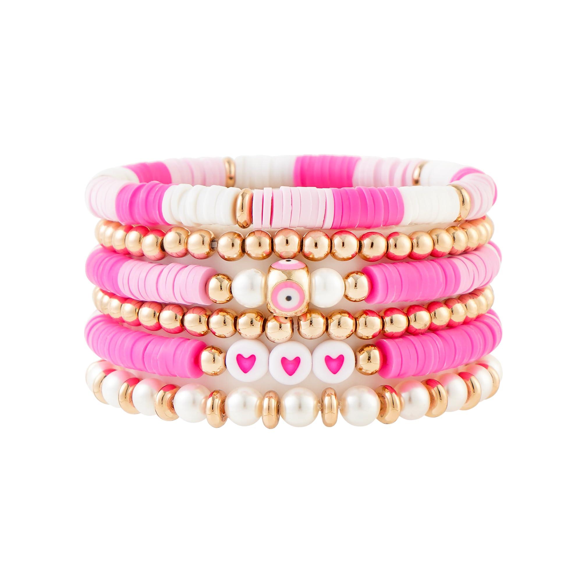 LYNMOS LYNMOS Colorful Heishi Clay Bead Bracelet Set for Women Stackable Vinyl Disc Polymer Beaded Stretch Bracelets Preppy Bohemian Summer Beach Bracelets Jewelry (H-Pink set, 6.8 Inch)