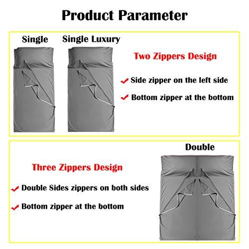 Cozysilk Cozysilk Brand - GANNAFEE Cotton Sleeping Bag Liner with Zipper - 100% Cotton Travel Sheet Sleep Sack Adult - Travel Sleeping Bag for Hotels Camping Hiking (Single Luxury - 41 x 87 inch, A-Dark Grey)