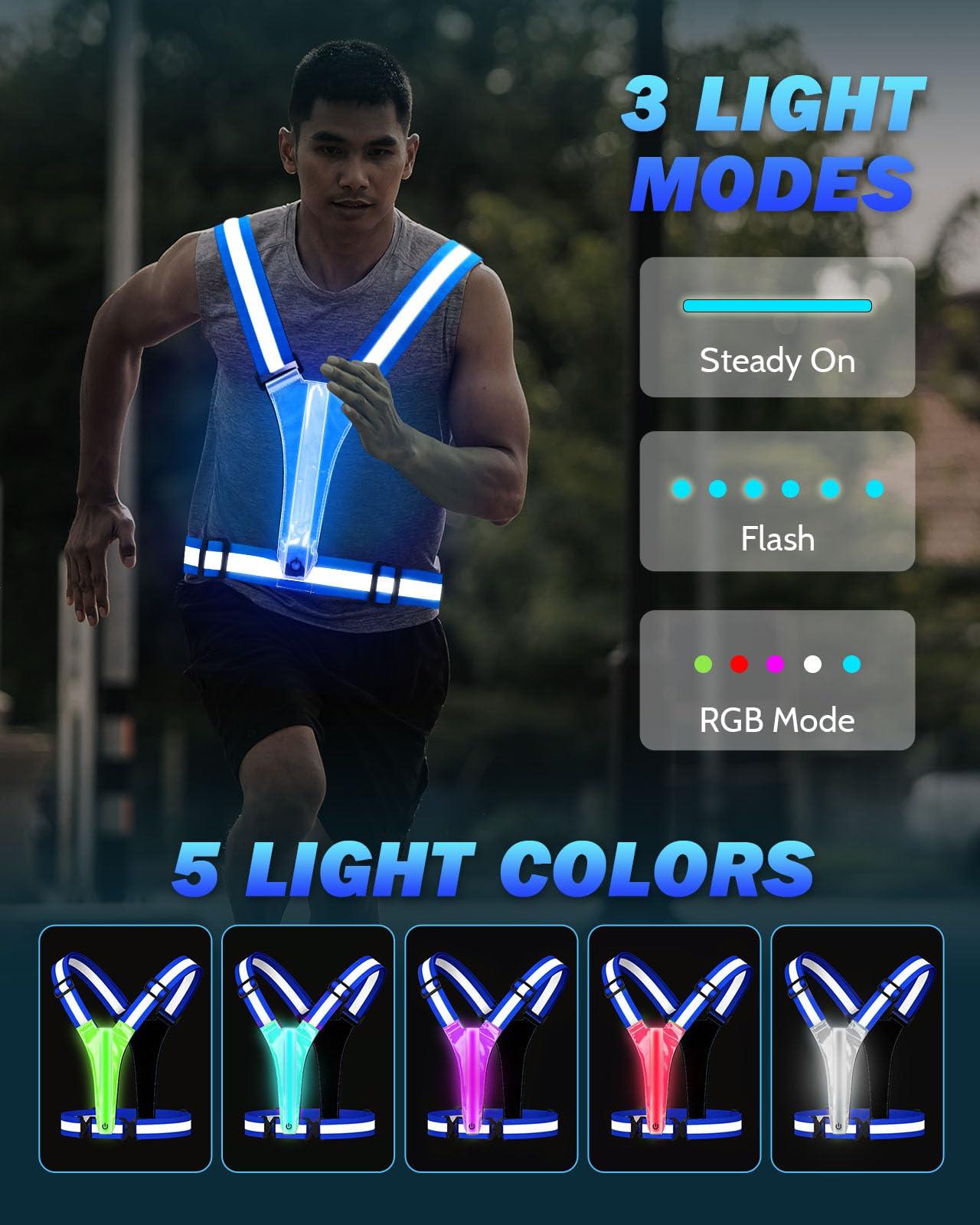 Fitense XL Size - LED Reflective Running Vest, 5 Colors Light Up Running Vest Rechargeable Running Lights for Runners High Visibility Reflective Running Gear, Adjustable for Men and Women