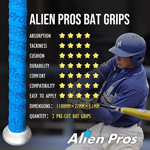 ALIEN PROS ALIEN PROS Bat Grip Tape for Baseball (2 Grips) 1.1 mm Precut and Pro Feel Bat Tape Replacement for Old Baseball bat Grip Wrap Your Bat for an Epic Home Run (2 Grips, Blue)