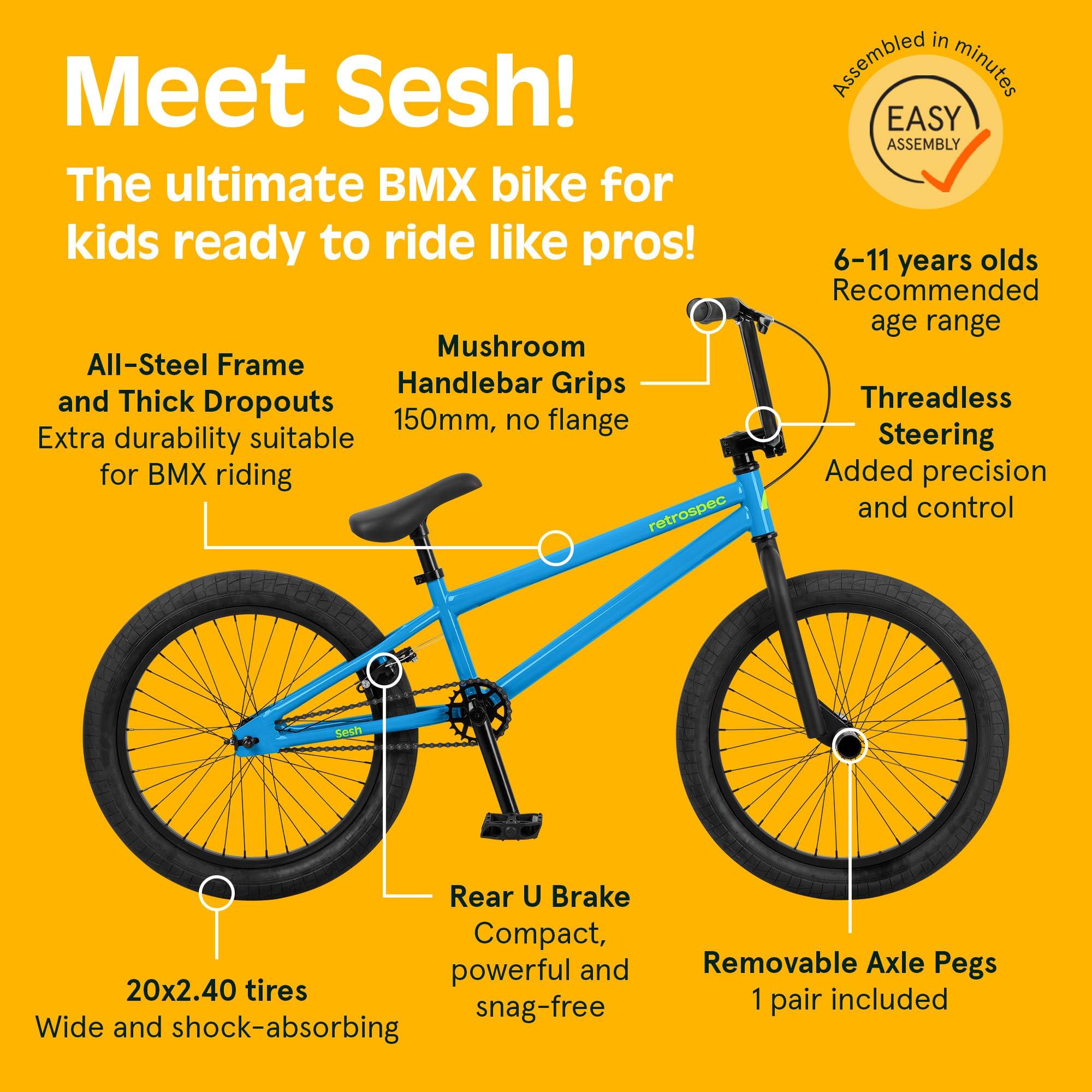 Retrospec Retrospec Sesh BMX Bike for Kids - 20in Freestyle Bicycle with Pro-Level Features, Removable Axle Pegs & U-Brake - Durable Steel Frame Youth Bike with Shock-Absorbing Tires for Ages 6-15
