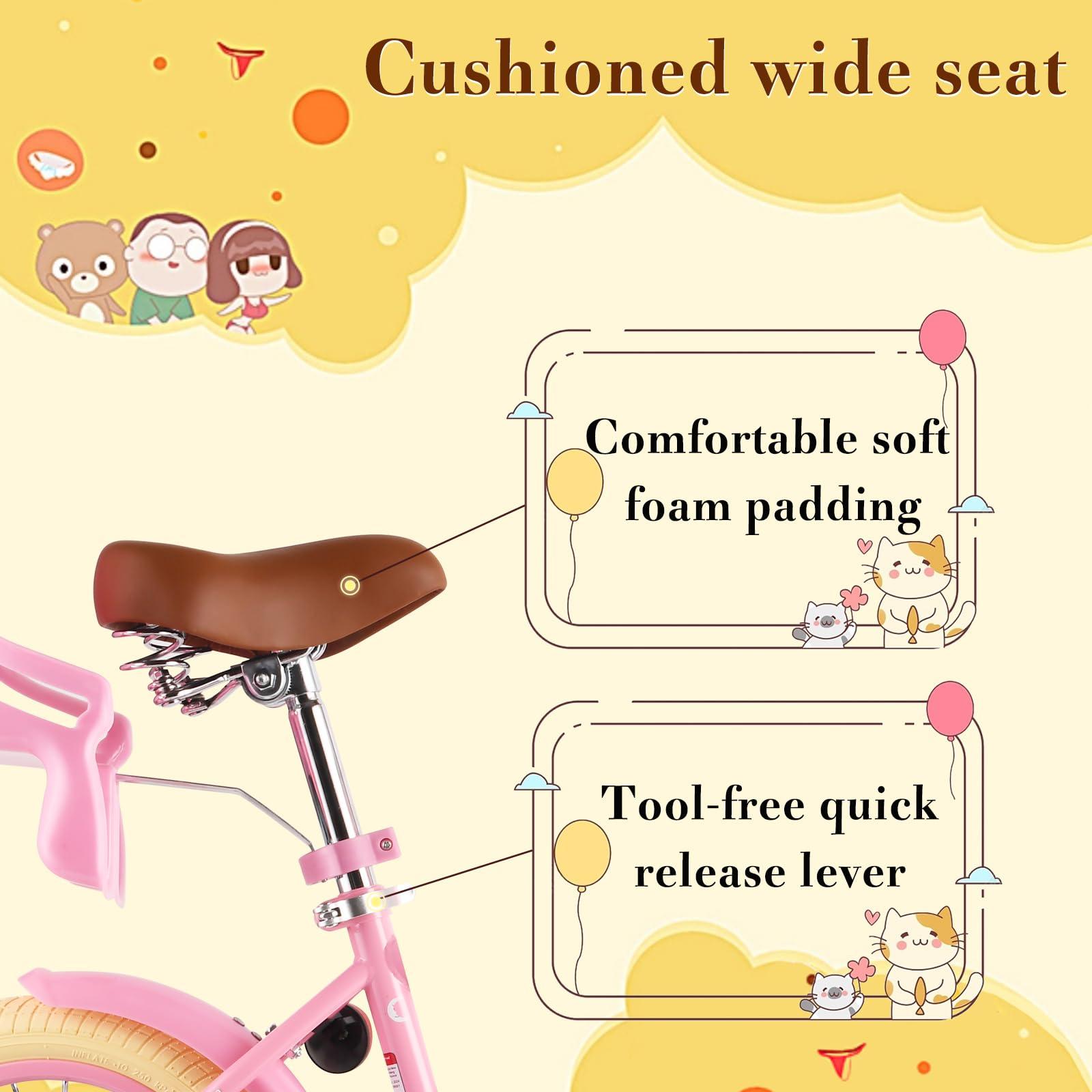 RULLY RULLY 12 Inch Kids Bike for 2 3 4 Years Girls with Training Wheels & Front Handbrake, Kids Bicycle with Basket Bike Streamers Toddler Cycle Bikes, Pink