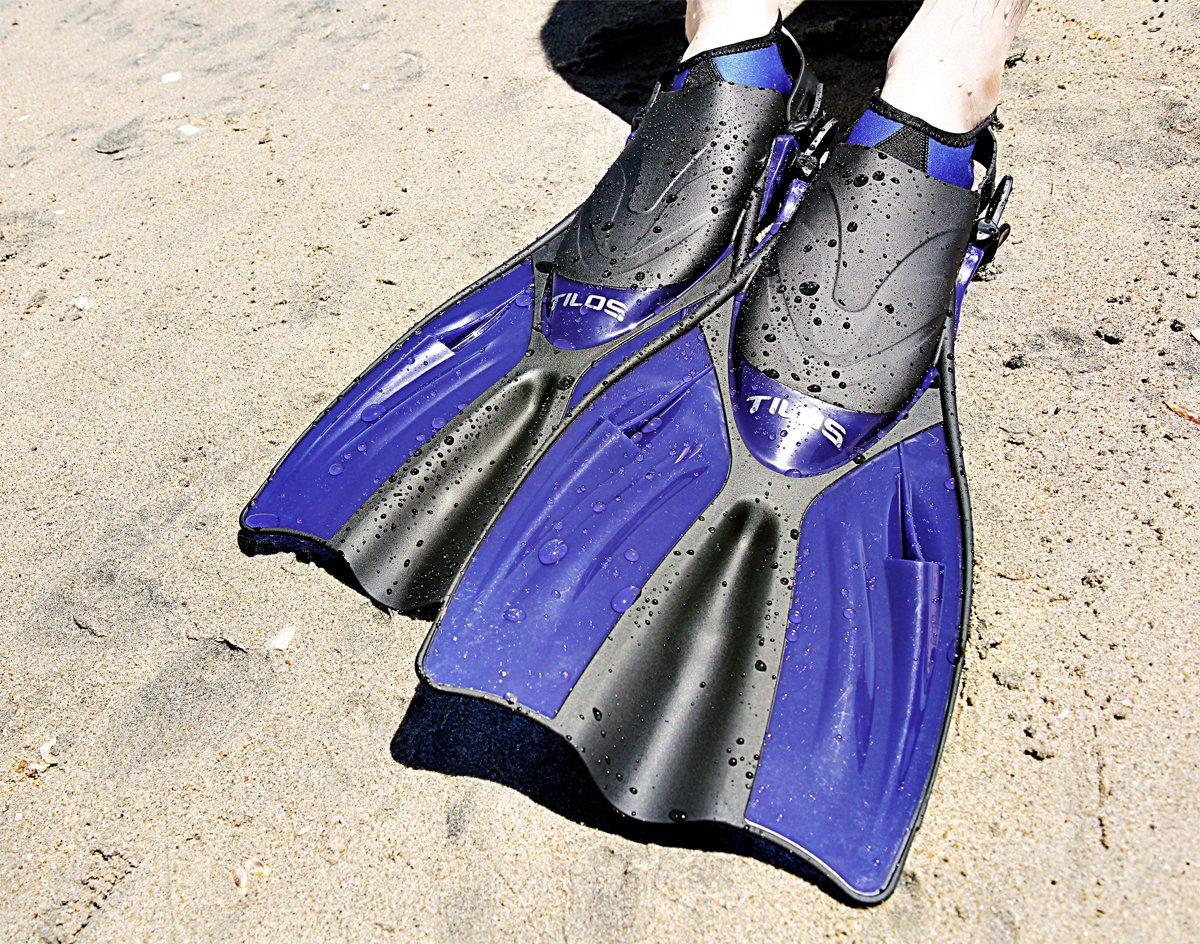 Tilos Tilos Getaway Large Open Heel Snorkeling Fins - Travel-Friendly, Adjustable Flippers for Wide Feet (Black, S/M (4.5 - 8.5))