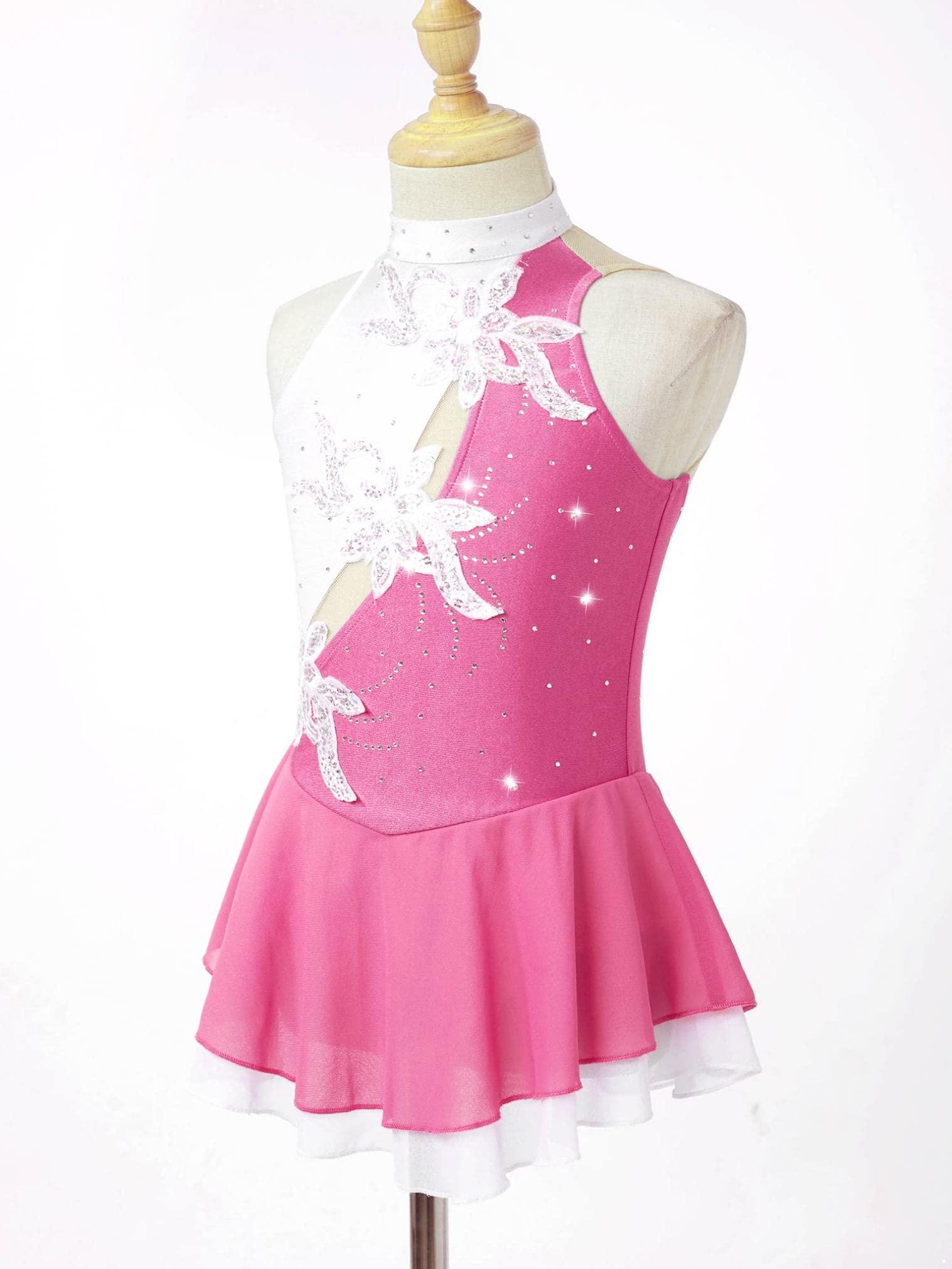 JEATHA JEATHA Kids Girls Shiny Rhinestone Ballet Costume Sleeveless Splice Ice Skating Skirt Gymnastic Leotard Dress Pink A 8