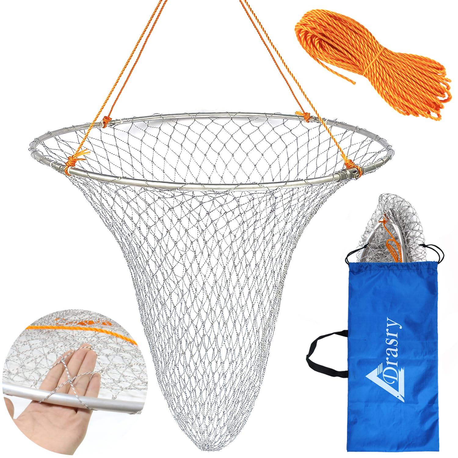 Drasry Drasry Foldable Bridge and Pier Fishing Net Landing Net High Load-Bearing Aluminum Ring Drop Net for Saltwater Freshwater Pier Fishing Baskets Collapsible with 49.2 FT Rope 31.5 * 31.5 * 41 in