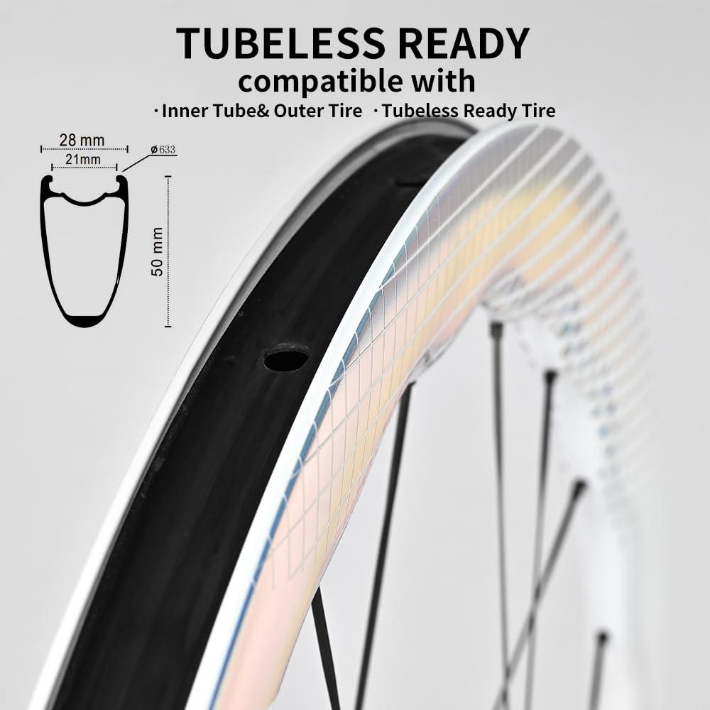 SUPERTEAM SUPERTEAM Carbon Spokes Tubeless Wheelset 50-28mm White Painting Wheels with Ratchet System Hub (FIT for SHIMAN0 8-12 Speed, Thru-Axle Type 12 * 100/12 * 142mm)