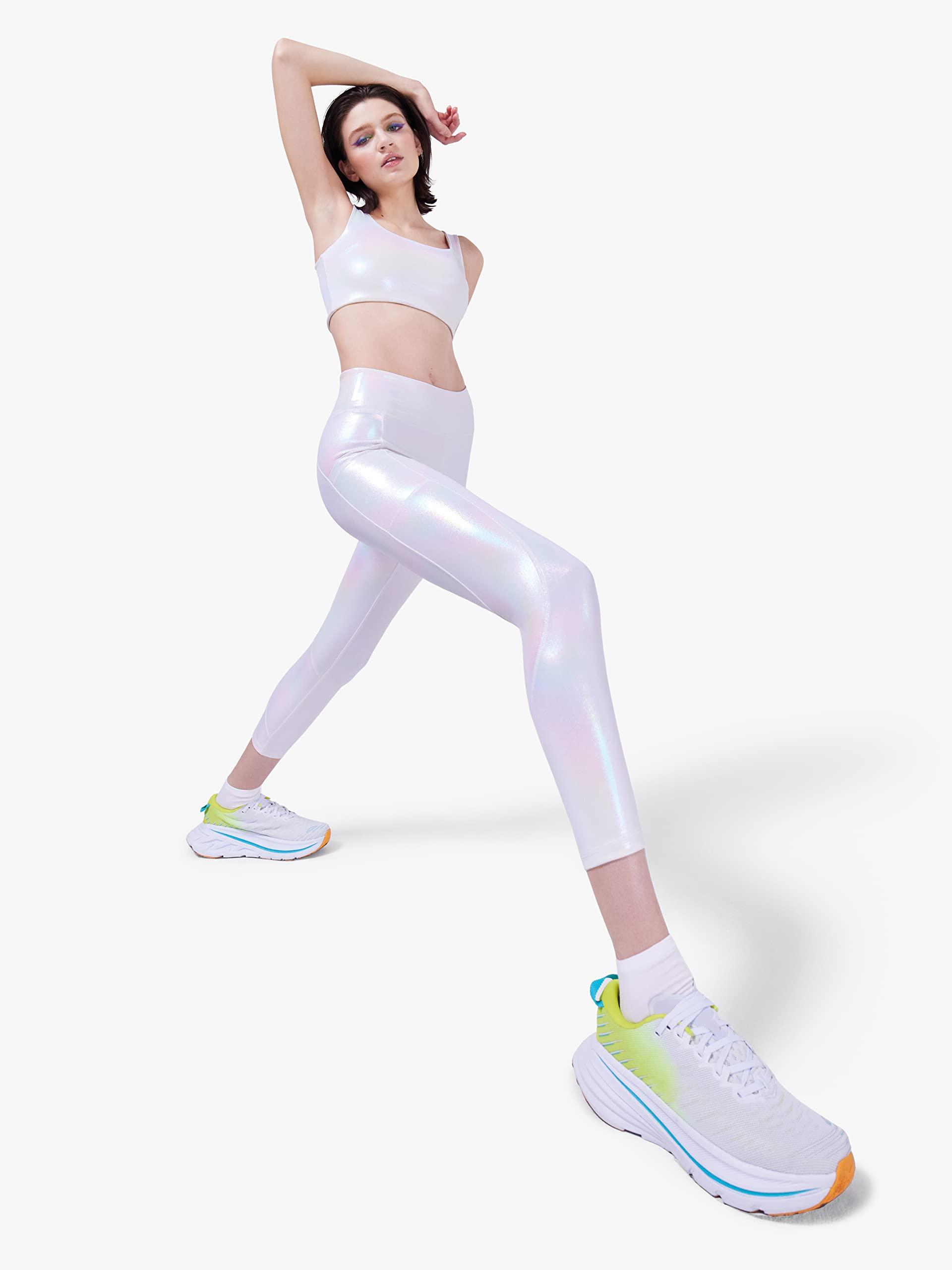 HUE HUE Women's Activewear Leggings with Pockets, Skimmer, Iridescent White, Medium