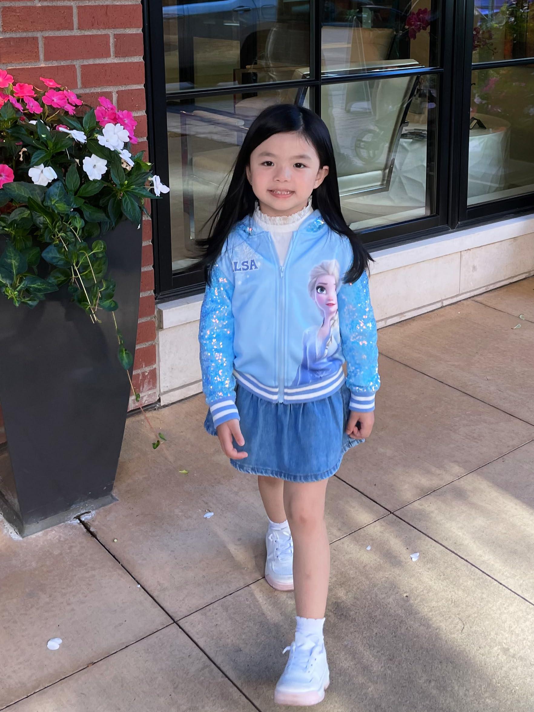 Disney Disney Frozen Elsa Toddler Girl Jacket Blue Sequin Snowflake Print Kids Zipper Hoodie Sweatshirt Coat Birthday Party School Christmas Clothes 5-6Y