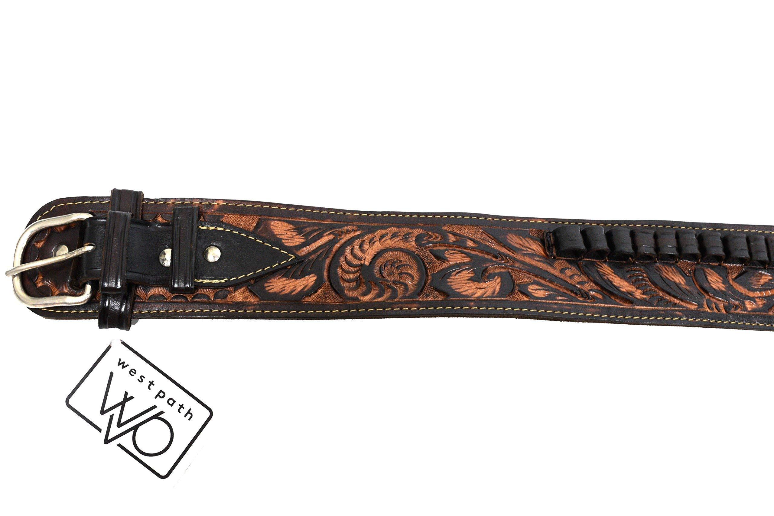 Open Road Goods 38/357 Caliber Western Leather Gun Holster & Belt - Cowboy Style Single Drop Rig Standard Barrel - Authentic Handmade Hand Tooled (Brown, 54)