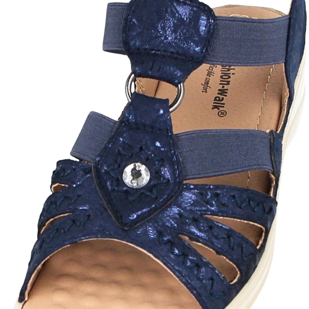 Cushion Walk Cushion Walk Ladies Faux Leather Open Toe T Bar Sling Back Lightweight Elastic Strappy Gladiator Summer Sandals, Metallic Navy, 3 UK, 5