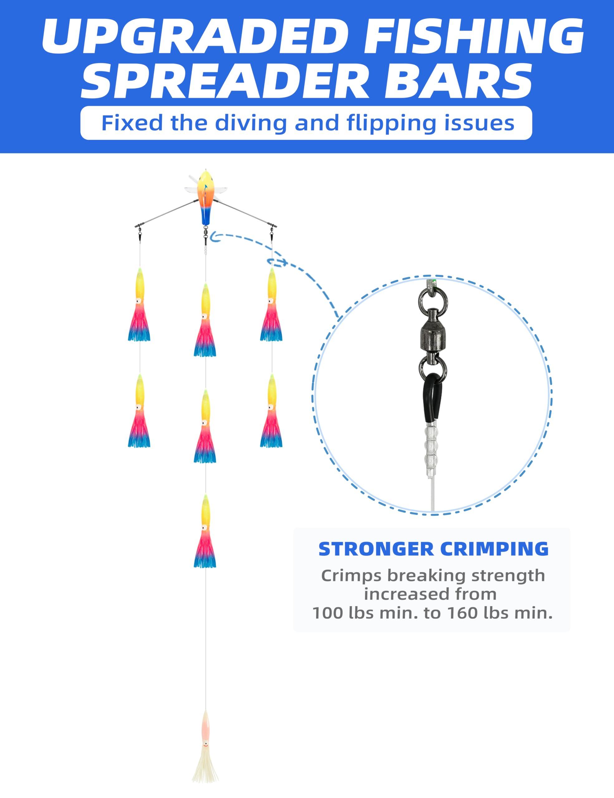 BLUEWING BLUEWING 18\" Upgraded Fishing Spreader Bar Port Walker Offshore Trolling Spreader Bar with 6\" Bulb Squids and 316 Stainless Steel Rod for Wahoo Tuna Marlin Mahi Mahi, Rainbow