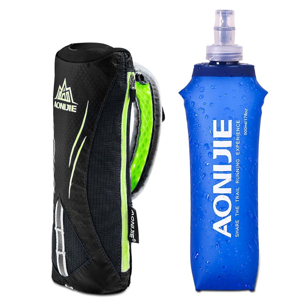 OUNERGY OUNERGY Handheld Water Bottle Bag with 500ml Soft Flask, Wear-Resistant Hydration Pack Suitable for Running Hiking Cycling (Black-with Bottle)