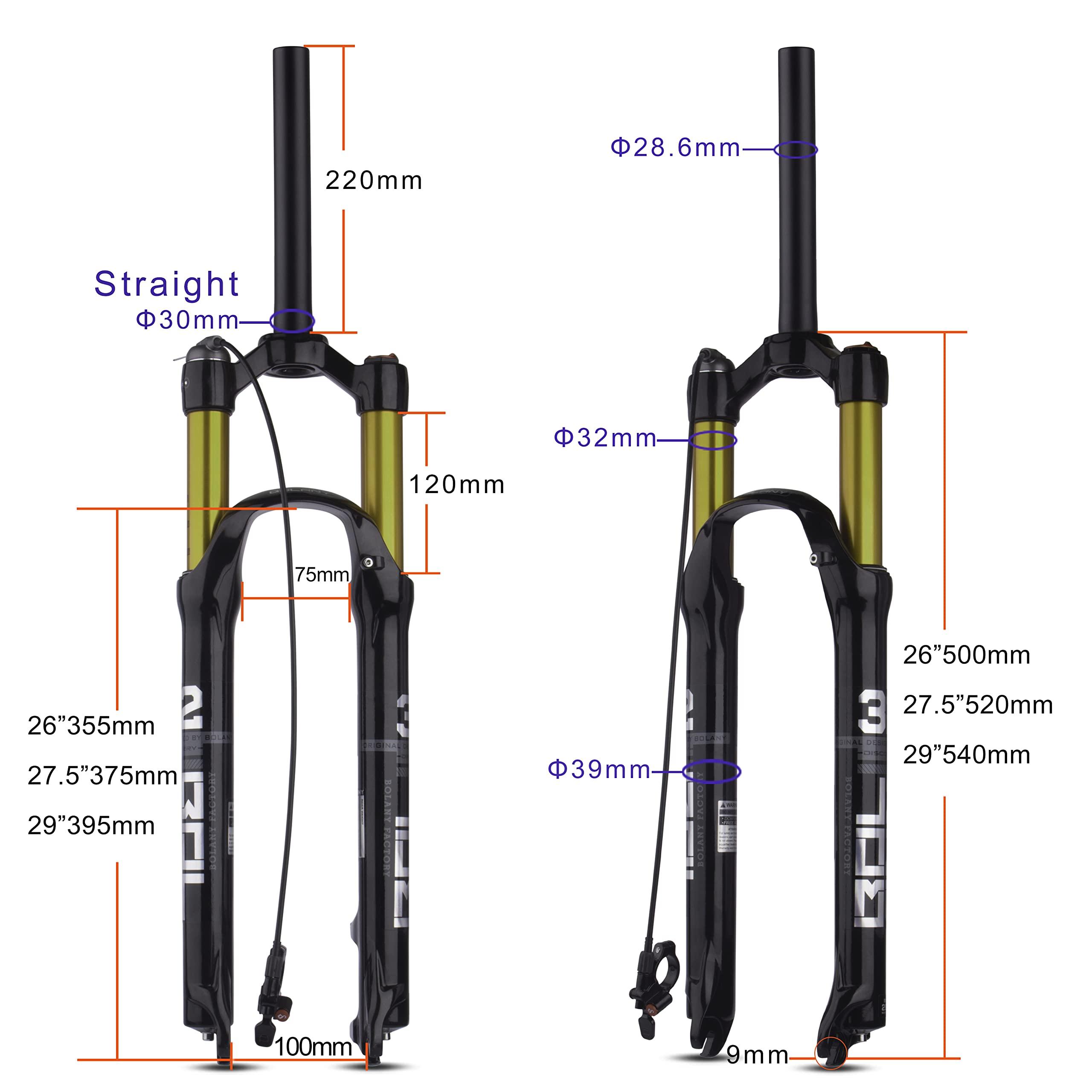 BOLANY BOLANY Bike Suspension Fork MTB Bicycle Magnesium Alloy Suspension Front Fork 26/27.5/29 inch, Straight Steerer and Tapered Steerer Air Fork (Manual Lockout - Remote Lockout)