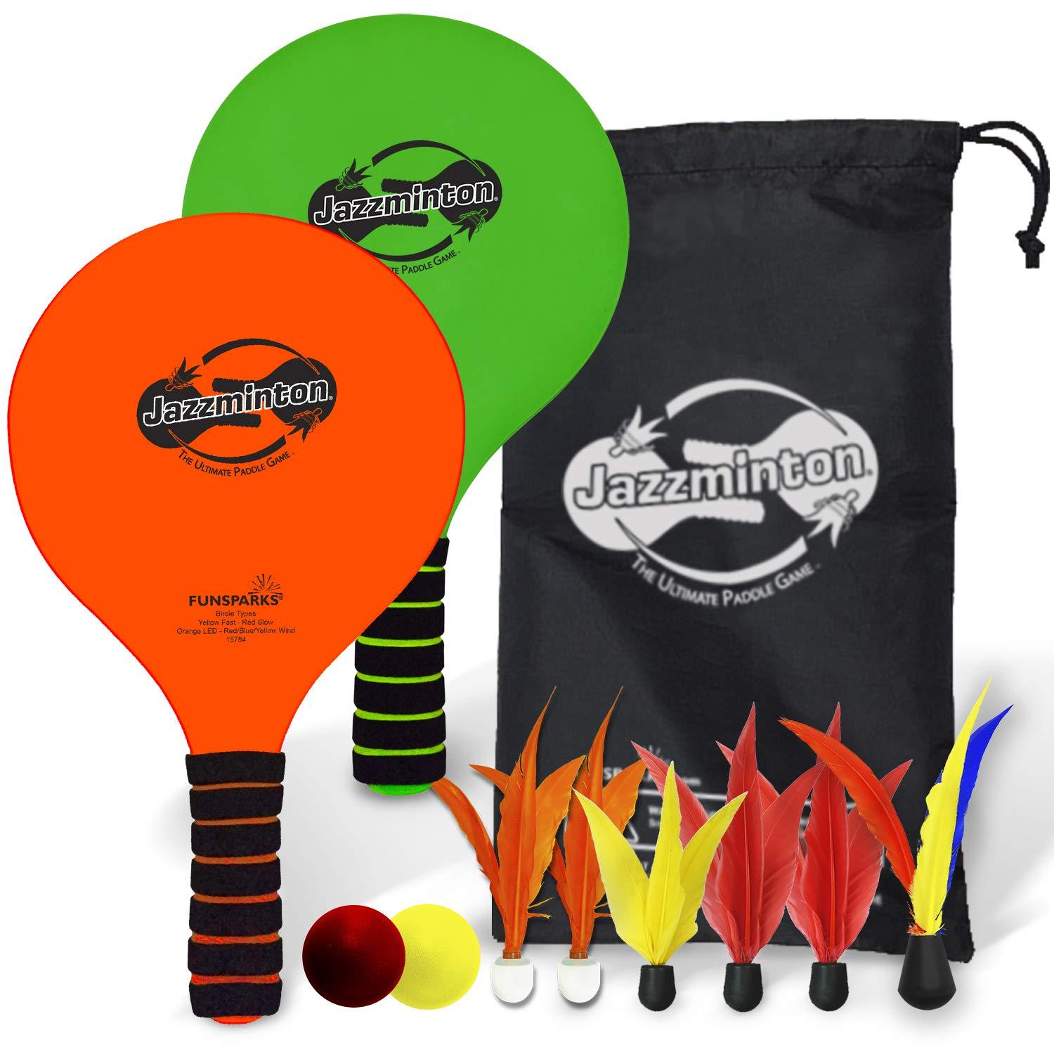 Funsparks Paddle Ball Game Jazzminton Deluxe with LED Birdie - Indoor/Outdoor Game for Kids, Teens and Adults