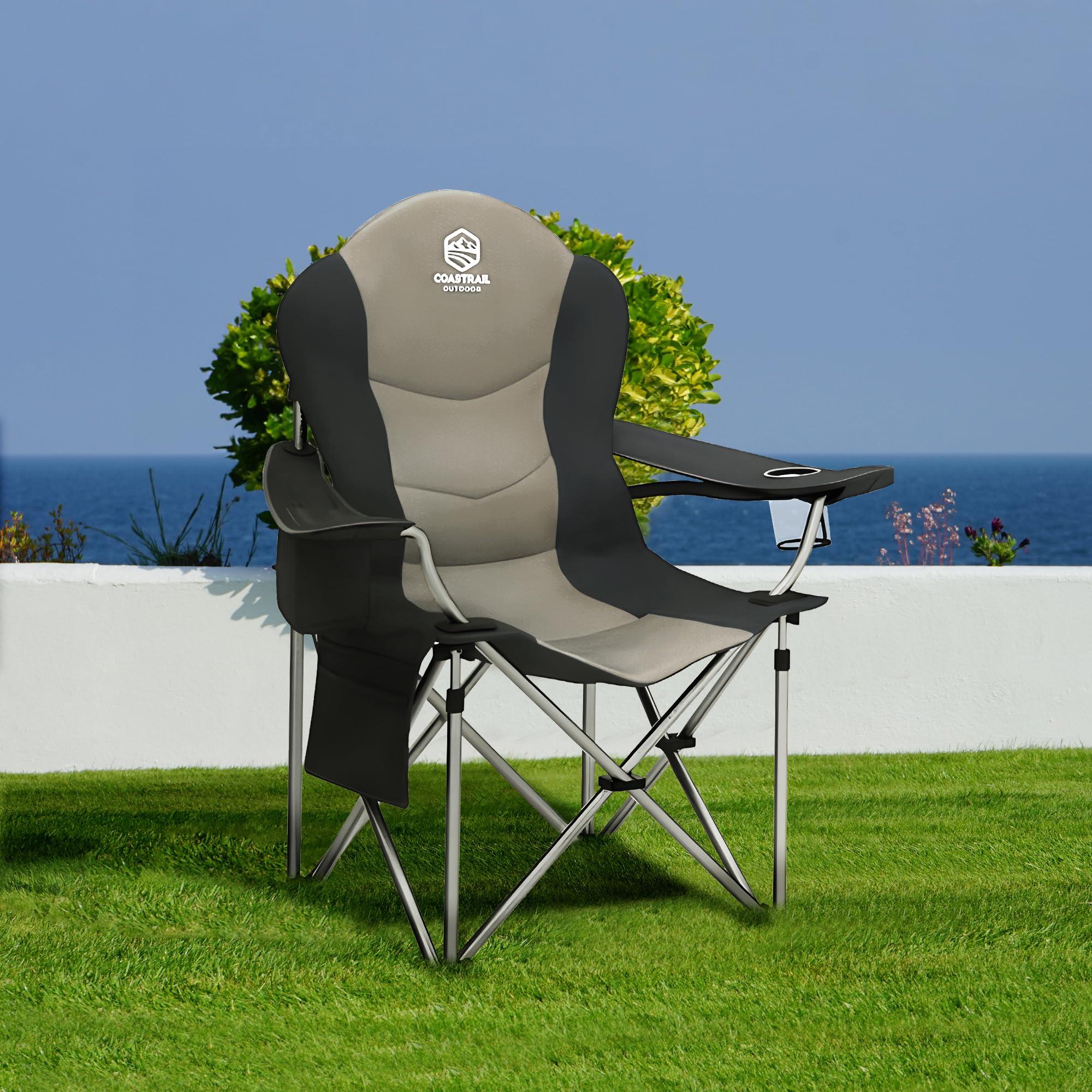 Coastrail Outdoor Coastrail Outdoor Camping Chair Oversized Padded Folding Quad Arm Chairs with Lumbar Back Support, Cooler Bag, Cup Holder & Side Pocket, Extra Head Pocket, Black&Gray