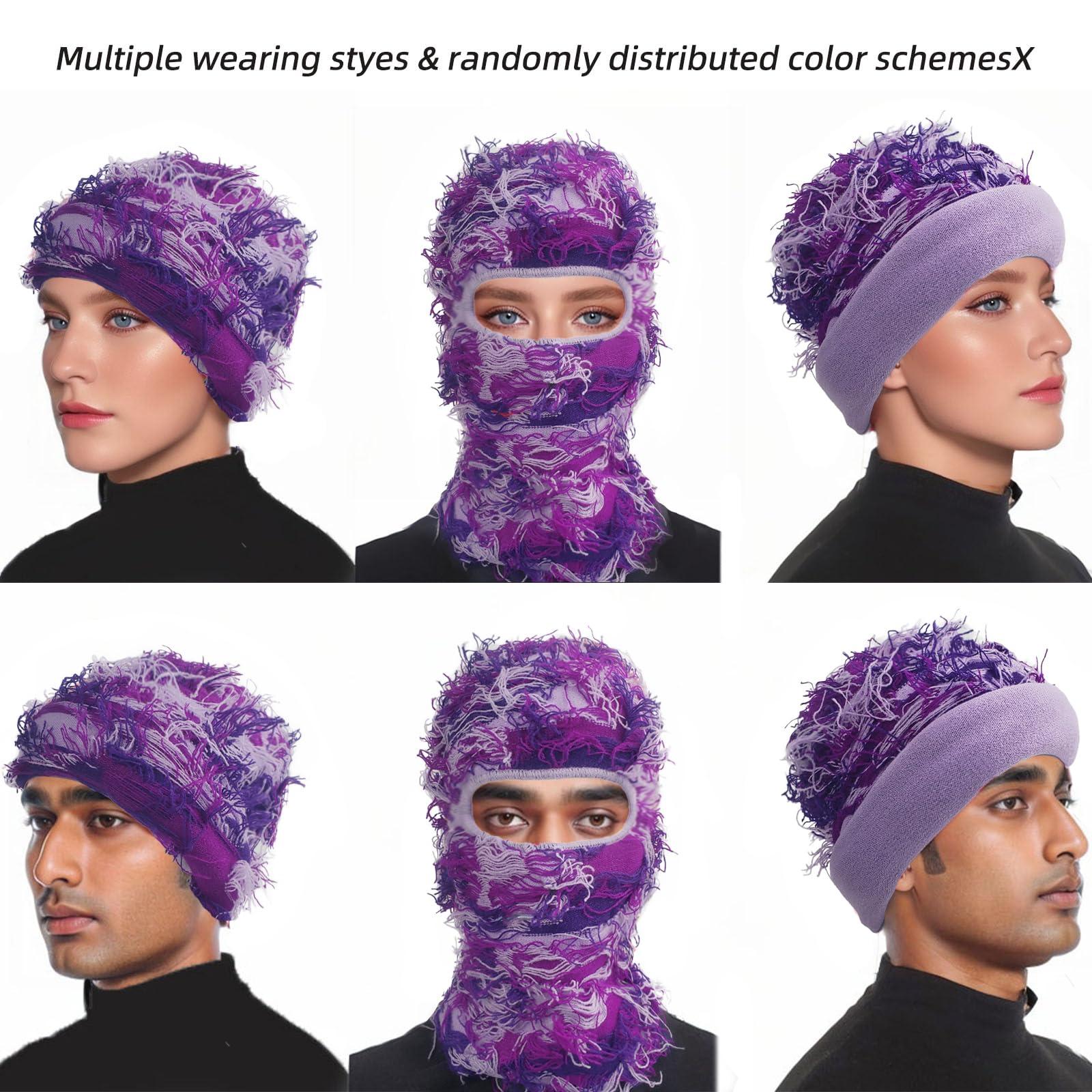 Ezovino Ezovino Distressed Balaclava Ski Mask, Knitted Full Face Mask for Men/Women Purple