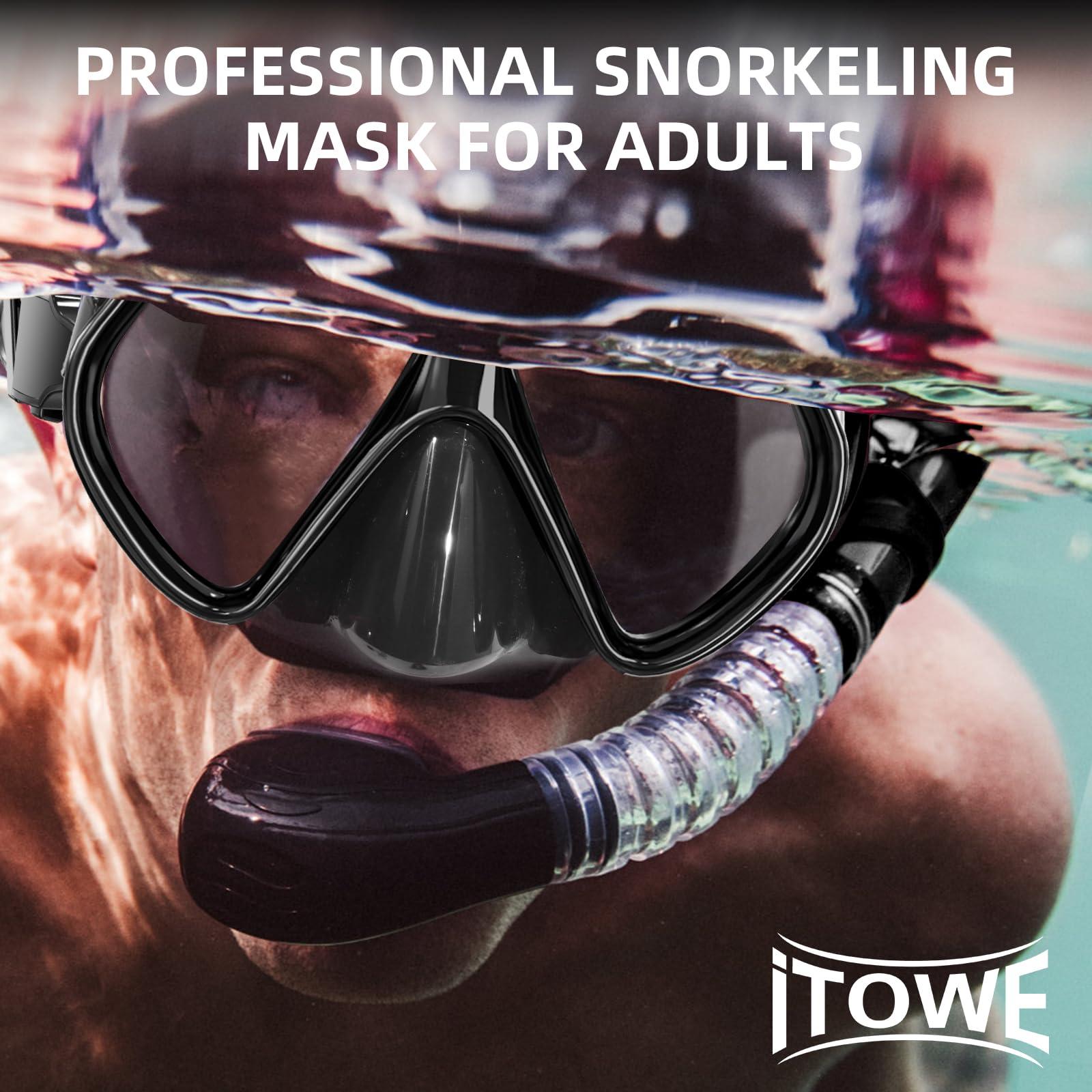 ITOWE ITOWE 2 Window Swimming Goggles Snorkel Mask Adult Unisex Tempered Glass Shatterproof Scuba Diving Mask Anti-Fog No Leak Snorkeling Mask 180 Clear View Goggles with Nose Cover Youth Men Women