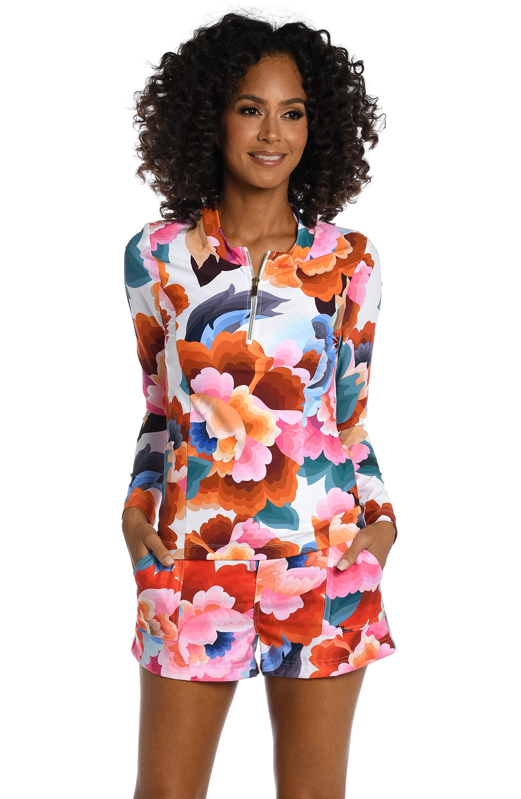 La Blanca La Blanca Womens Long Sleeve Rashguard Swim Top Rash Guard Shirt, Multi//Floral Rhythm, X-Small US