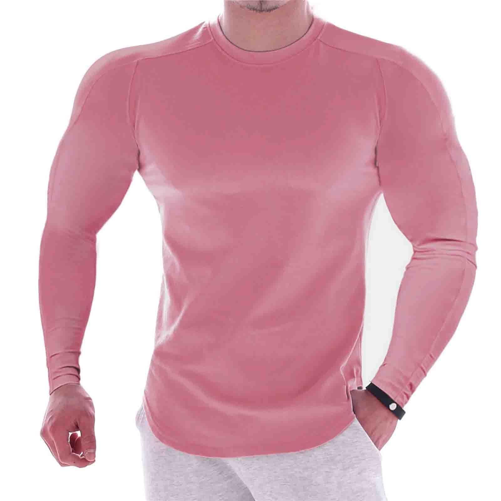 NineFit Basics Men's Athletic Long Sleeve Compression Shirts Mens Base Layer Athletic Workout Shirt Compression Shirts Sport T Shirts(Pink#02,L)
